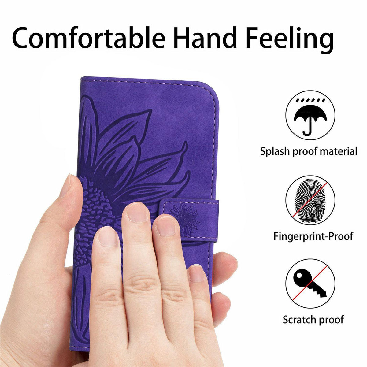 Compatible with iPhone 18 Pro Max & 17 Pro Max Skin Feel Sun Flower Embossed Flip Leather Phone Case with Lanyard - Dark Purple