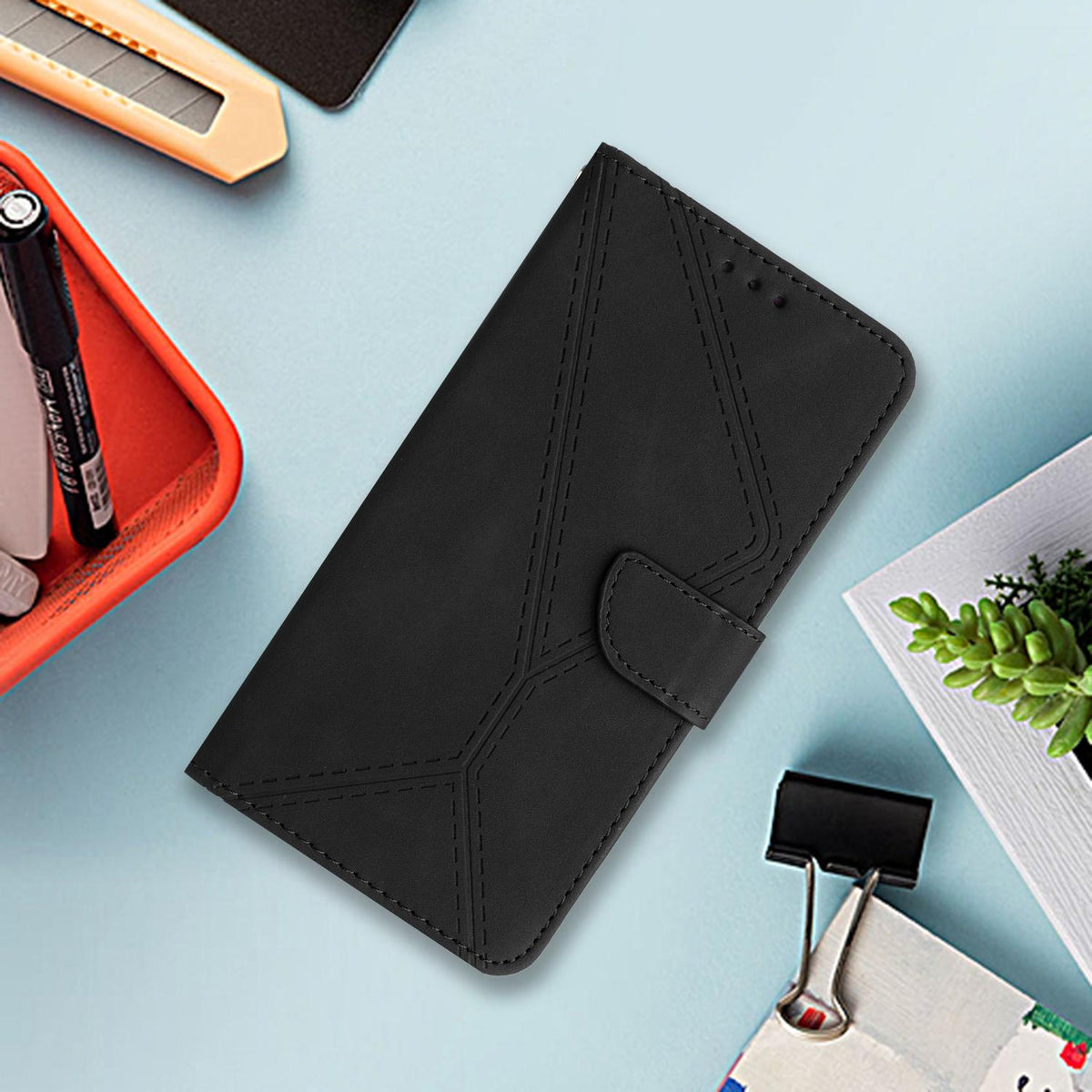 Compatible with iPhone 18 Pro Max & 17 Pro Max Stitching Embossed Leather Phone Case - Black
