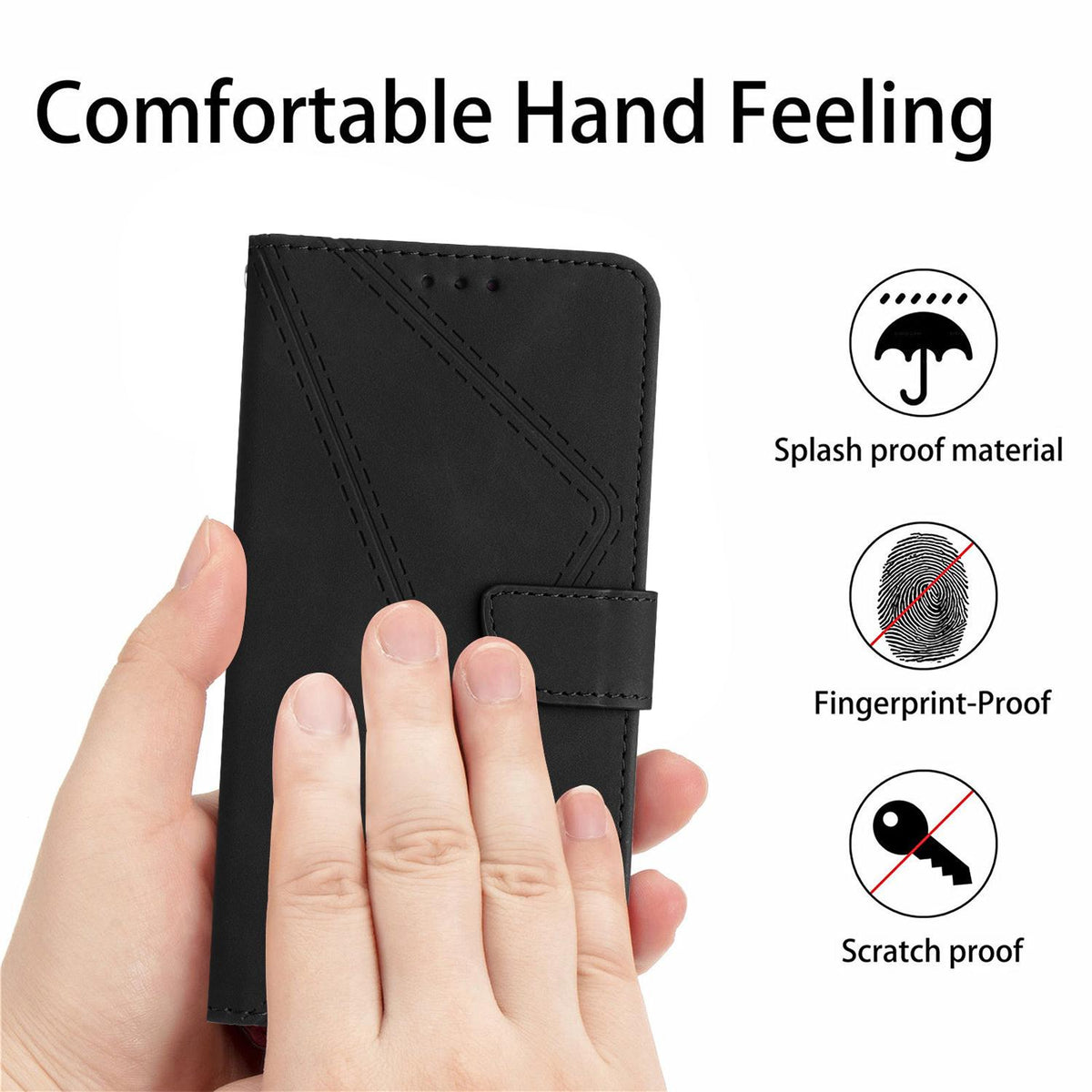 Compatible with iPhone 18 Pro Max & 17 Pro Max Stitching Embossed Leather Phone Case - Black