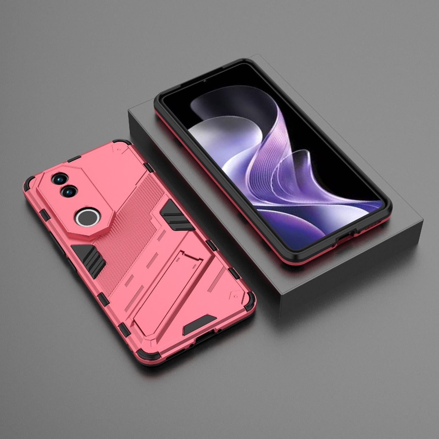 For vivo V50 5G Global Punk Armor 2 in 1 PC + TPU Phone Case with Holder(Light Red)