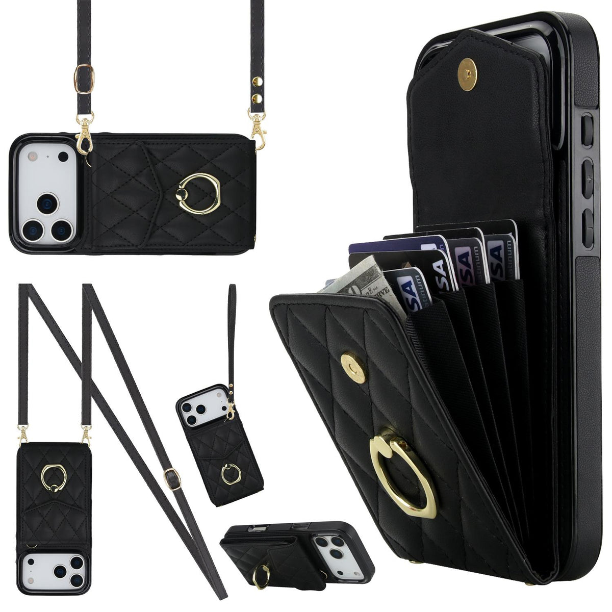 Compatible with iPhone 18 Pro Max & 17 Pro Max Rhombic Texture Card Bag Phone Case with Long Lanyard - Black