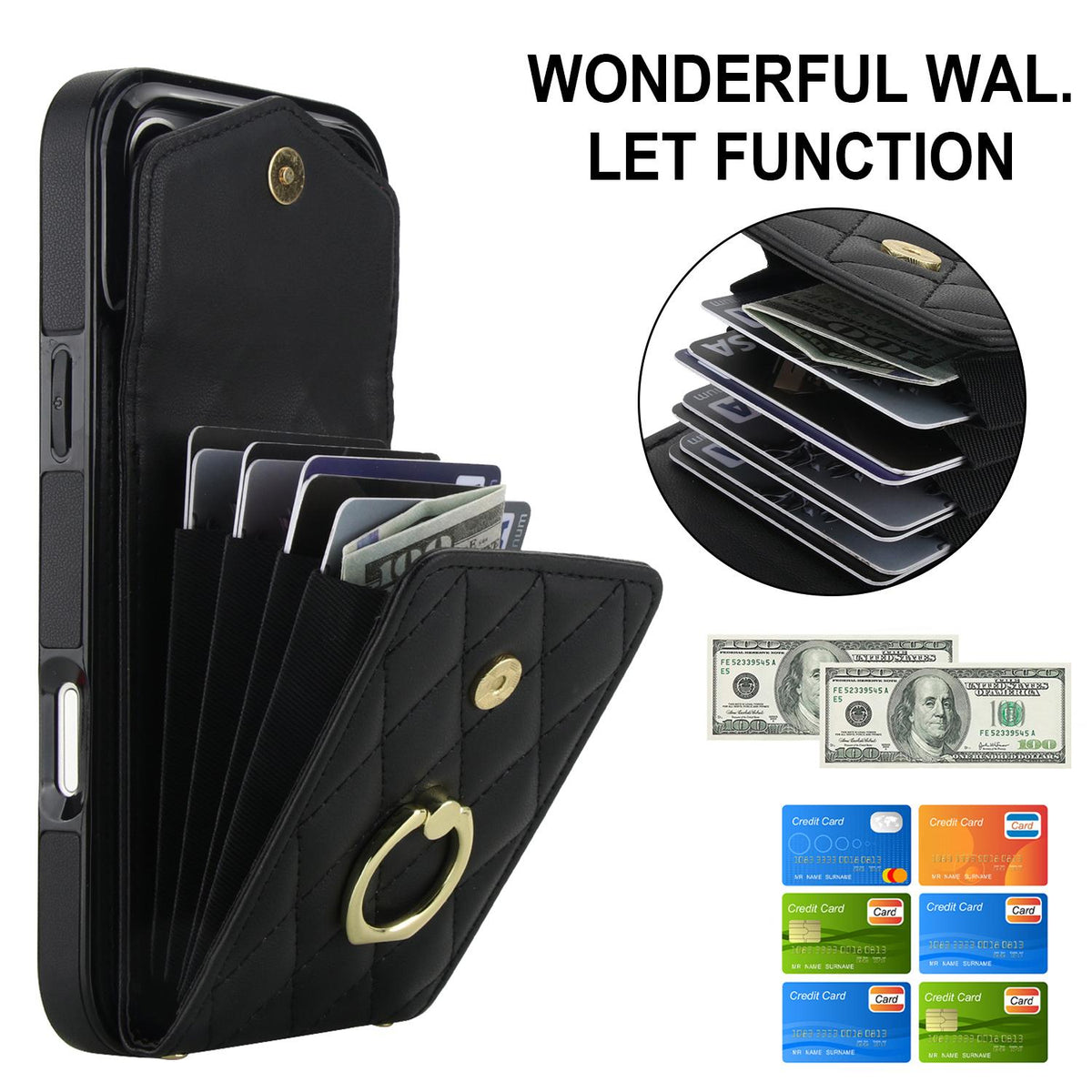 Compatible with iPhone 18 Pro Max & 17 Pro Max Rhombic Texture Card Bag Phone Case with Long Lanyard - Black