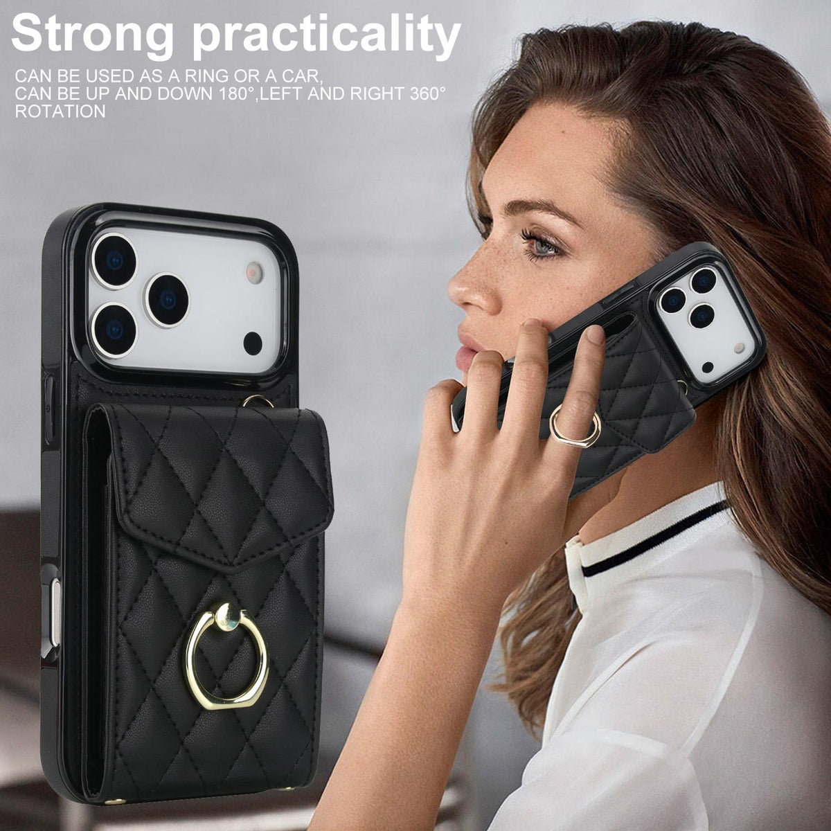 Compatible with iPhone 18 Pro Max & 17 Pro Max Rhombic Texture Card Bag Phone Case with Long Lanyard - Black