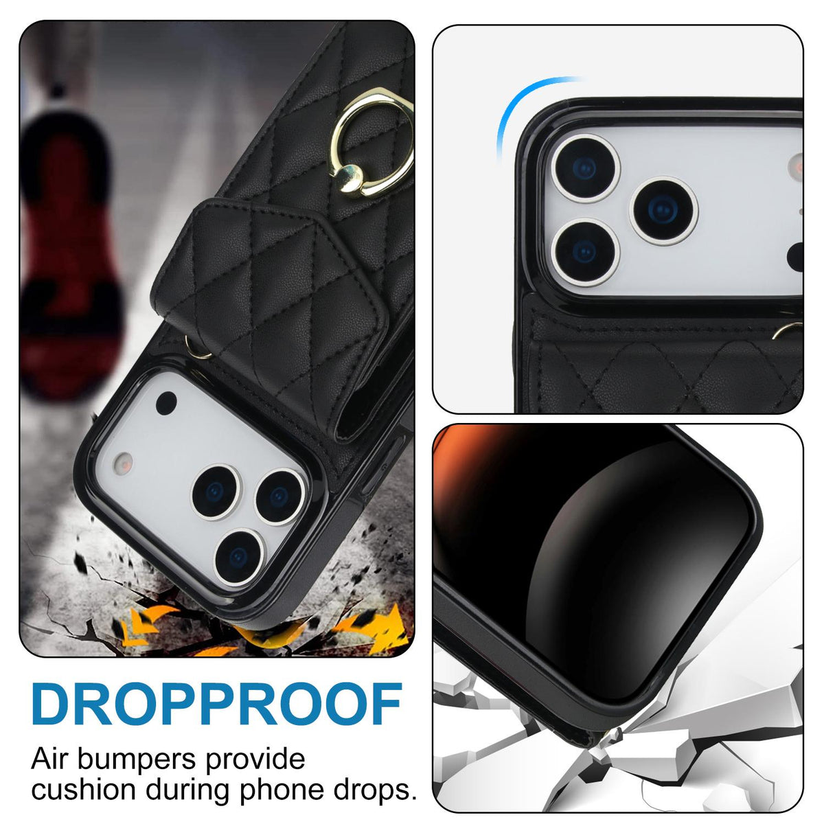 Compatible with iPhone 18 Pro Max & 17 Pro Max Rhombic Texture Card Bag Phone Case with Long Lanyard - Black