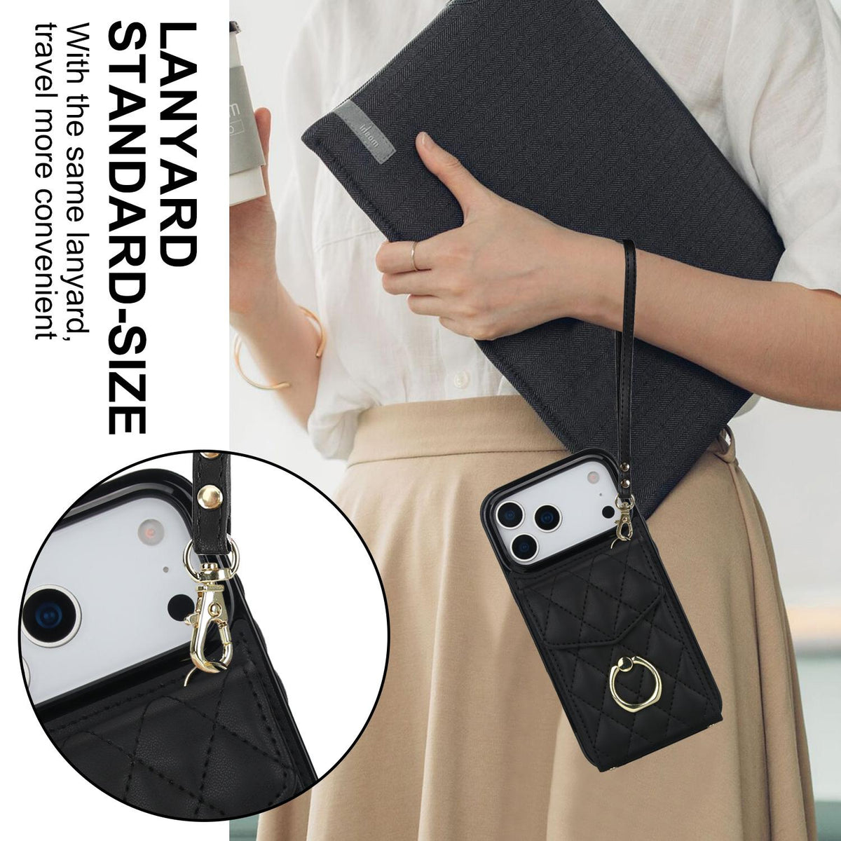 Compatible with iPhone 18 Pro Max & 17 Pro Max Rhombic Texture Card Bag Phone Case with Long Lanyard - Black