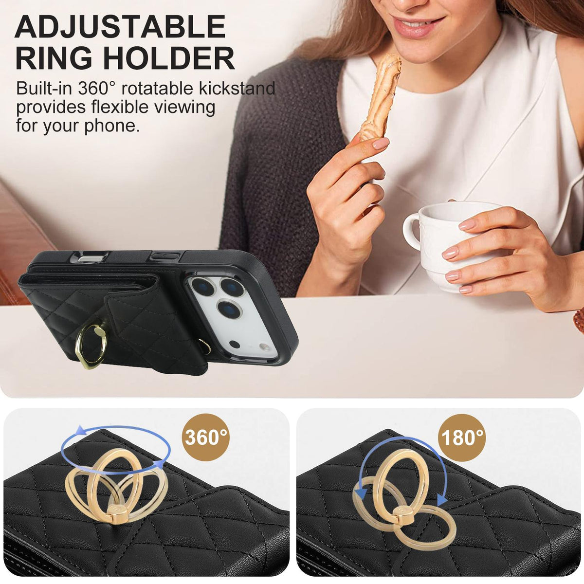 Compatible with iPhone 18 Pro Max & 17 Pro Max Rhombic Texture Card Bag Phone Case with Long Lanyard - Black