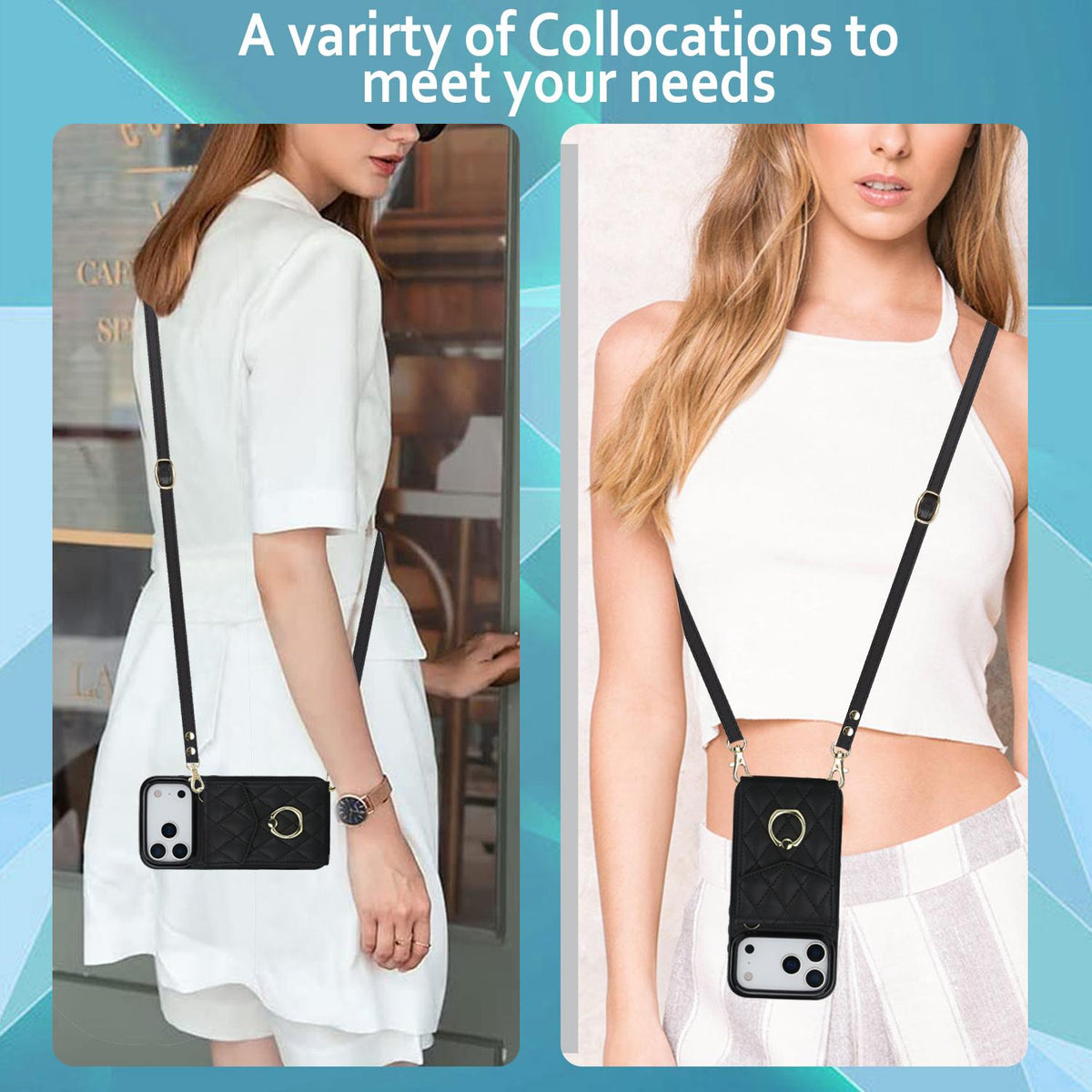Compatible with iPhone 18 Pro Max & 17 Pro Max Rhombic Texture Card Bag Phone Case with Long Lanyard - Black