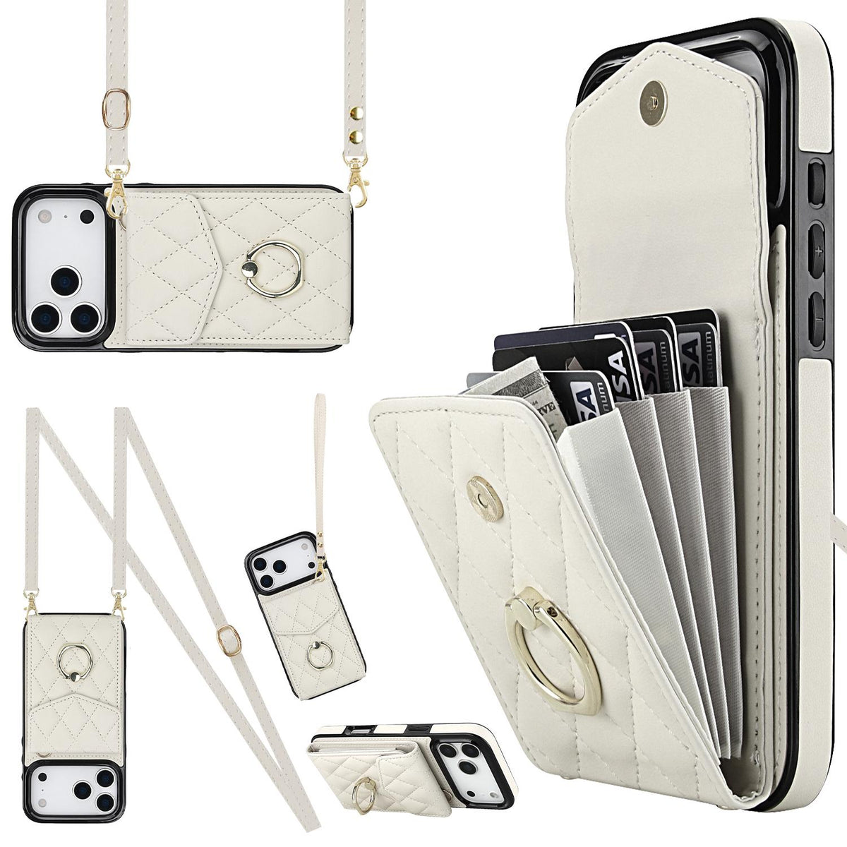 Compatible with iPhone 18 Pro Max & 17 Pro Max Rhombic Texture Card Bag Phone Case with Long Lanyard - White