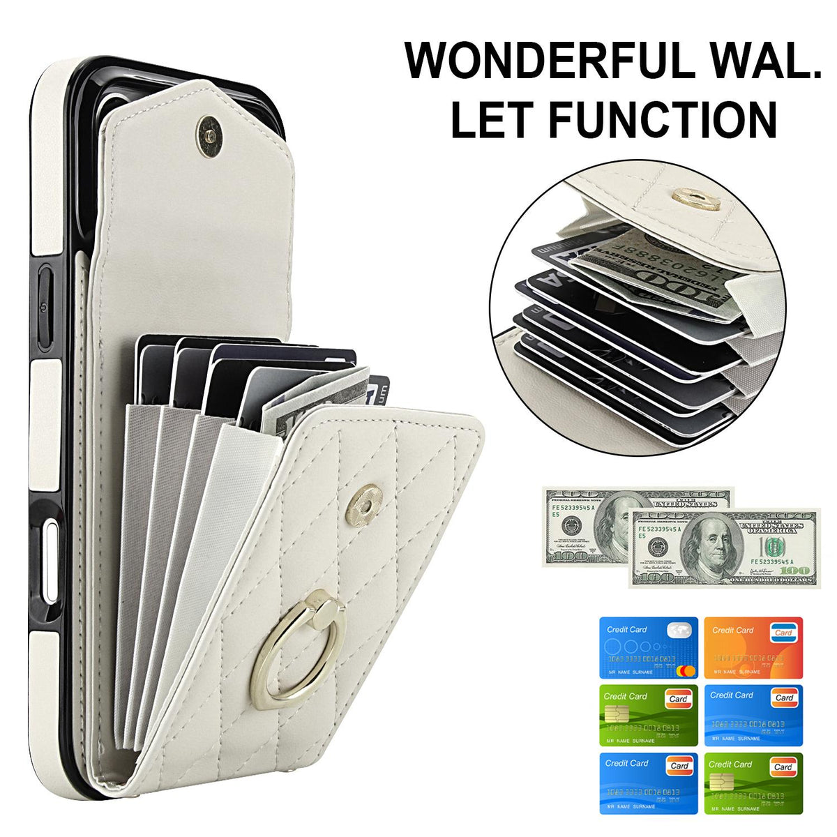 Compatible with iPhone 18 Pro Max & 17 Pro Max Rhombic Texture Card Bag Phone Case with Long Lanyard - White