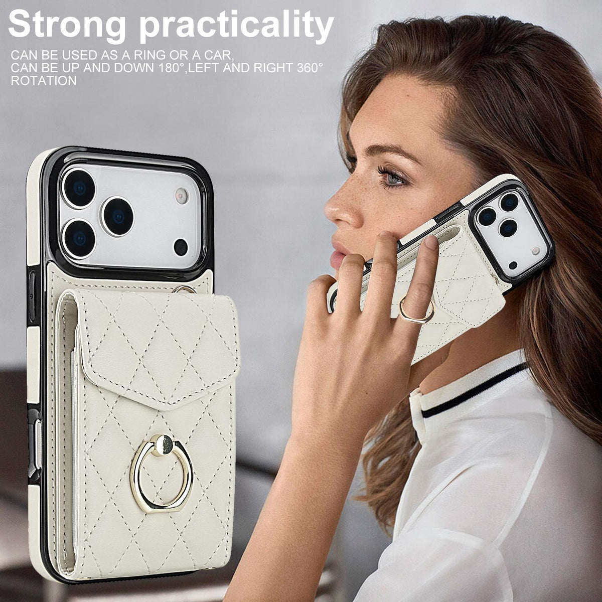 Compatible with iPhone 18 Pro Max & 17 Pro Max Rhombic Texture Card Bag Phone Case with Long Lanyard - White