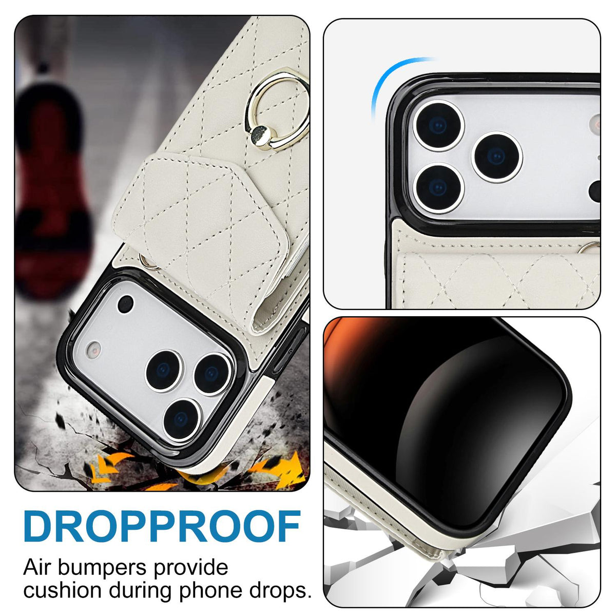 Compatible with iPhone 18 Pro Max & 17 Pro Max Rhombic Texture Card Bag Phone Case with Long Lanyard - White