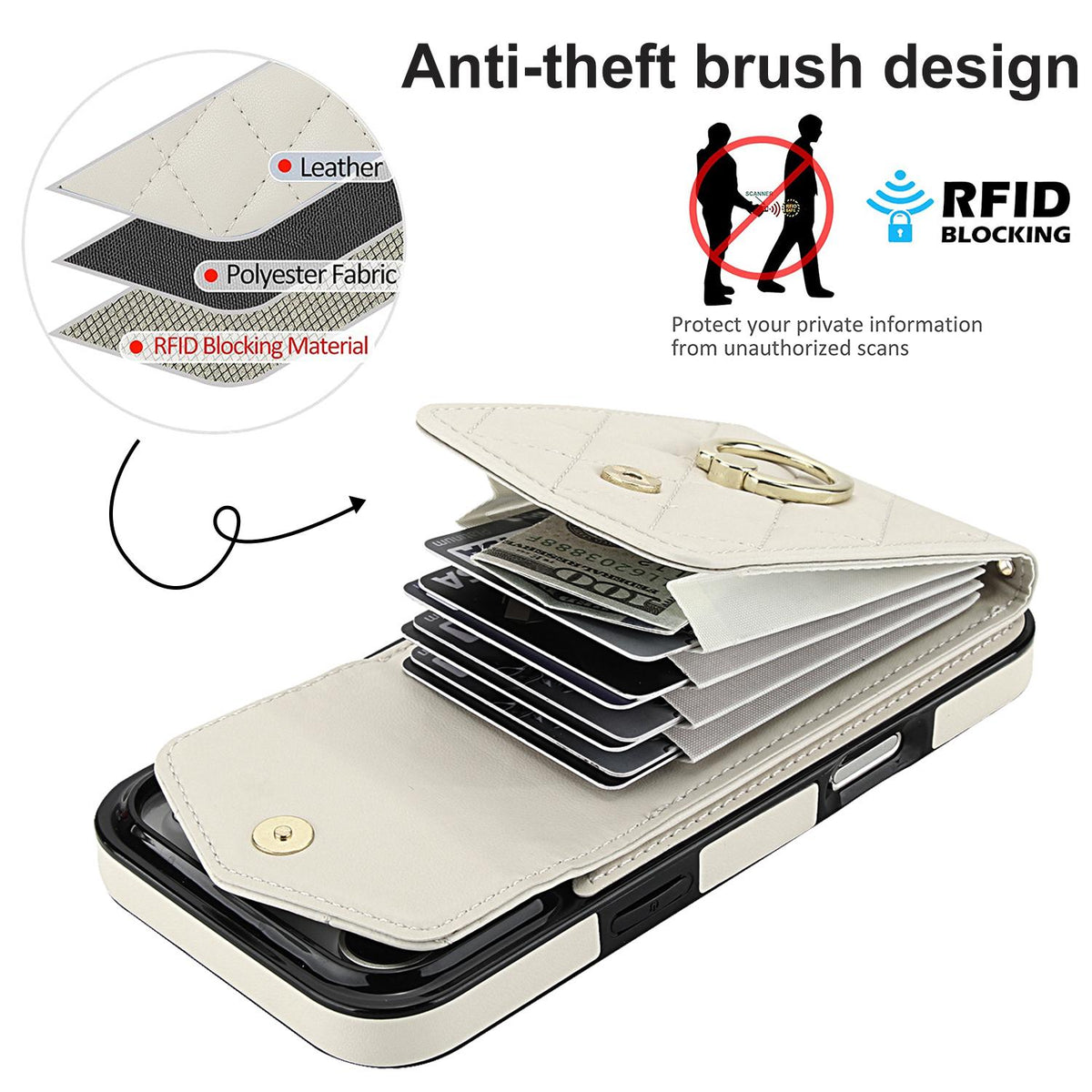 Compatible with iPhone 18 Pro Max & 17 Pro Max Rhombic Texture Card Bag Phone Case with Long Lanyard - White