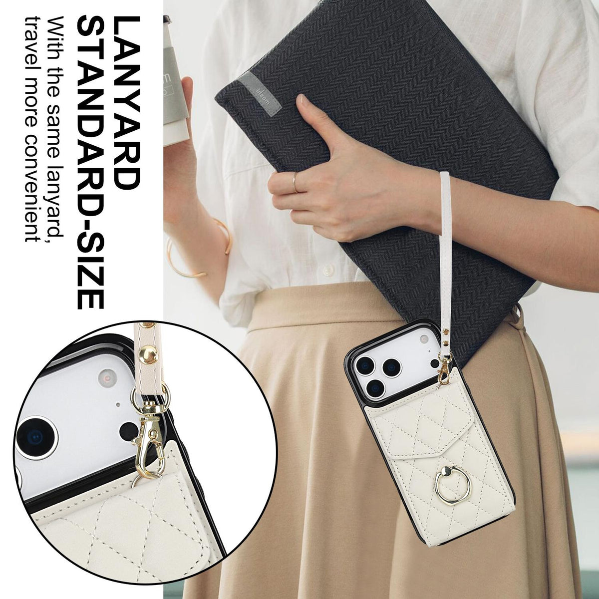 Compatible with iPhone 18 Pro Max & 17 Pro Max Rhombic Texture Card Bag Phone Case with Long Lanyard - White