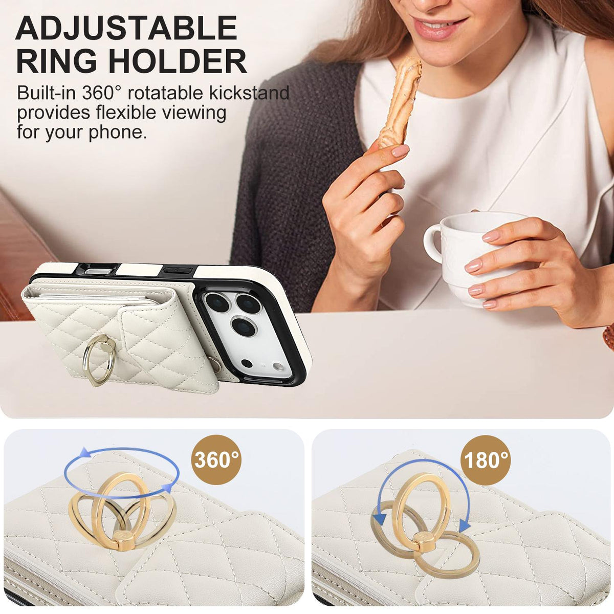 Compatible with iPhone 18 Pro Max & 17 Pro Max Rhombic Texture Card Bag Phone Case with Long Lanyard - White