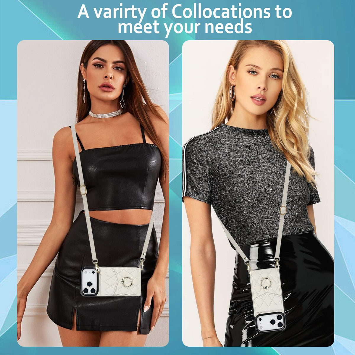 Compatible with iPhone 18 Pro Max & 17 Pro Max Rhombic Texture Card Bag Phone Case with Long Lanyard - White
