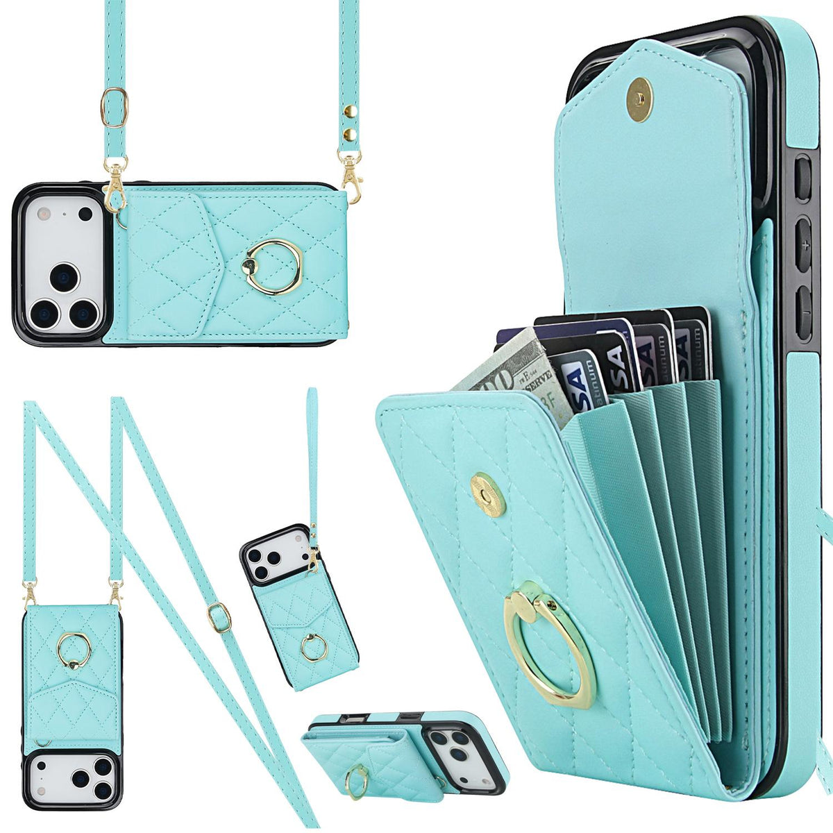 Compatible with iPhone 18 Pro Max & 17 Pro Max Rhombic Texture Card Bag Phone Case with Long Lanyard - Mint Green