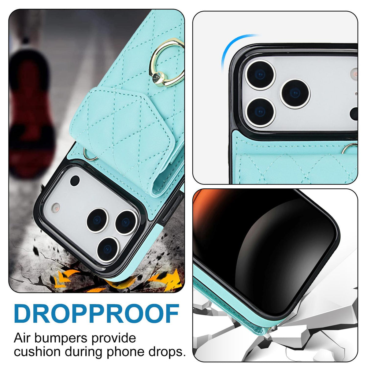 Compatible with iPhone 18 Pro Max & 17 Pro Max Rhombic Texture Card Bag Phone Case with Long Lanyard - Mint Green