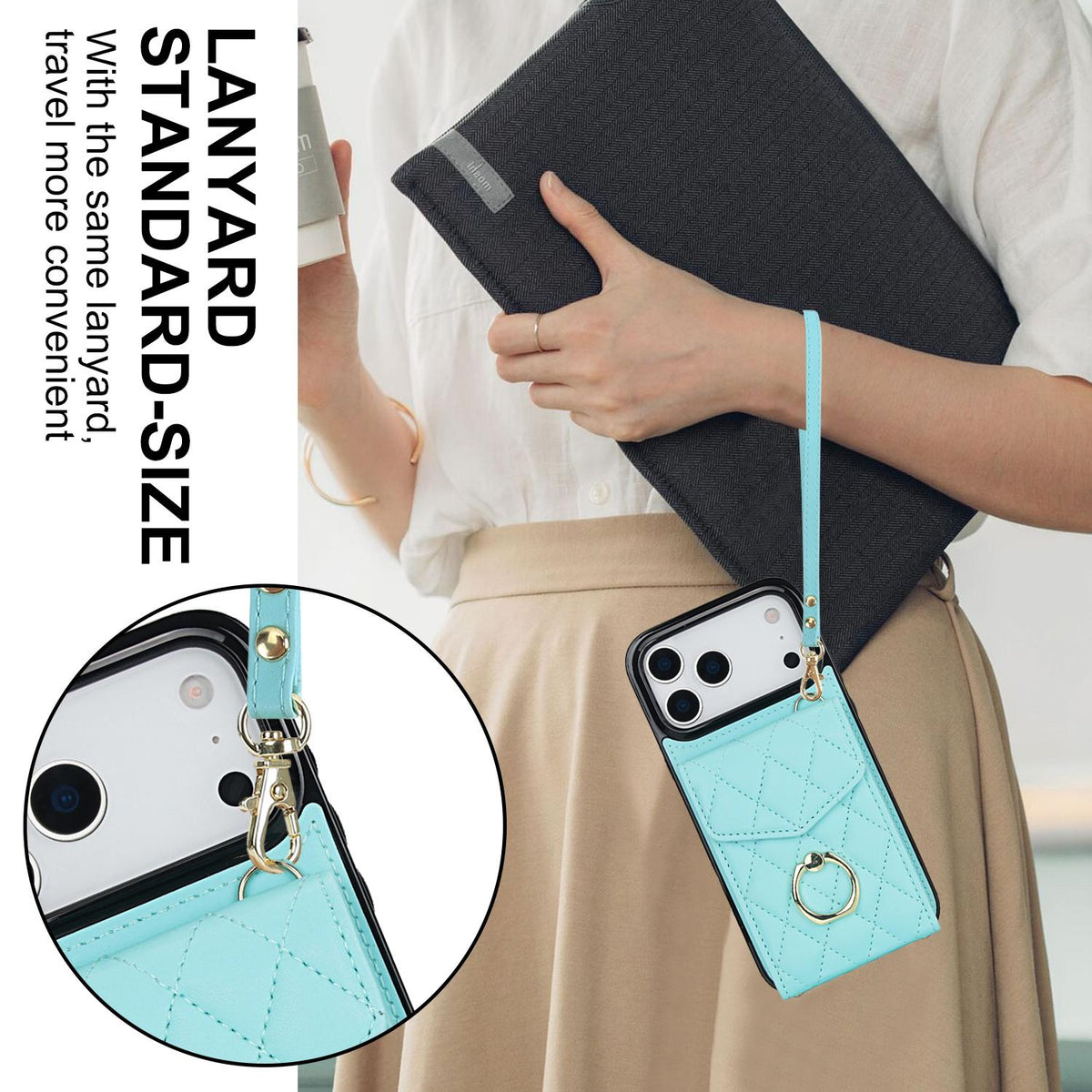 Compatible with iPhone 18 Pro Max & 17 Pro Max Rhombic Texture Card Bag Phone Case with Long Lanyard - Mint Green