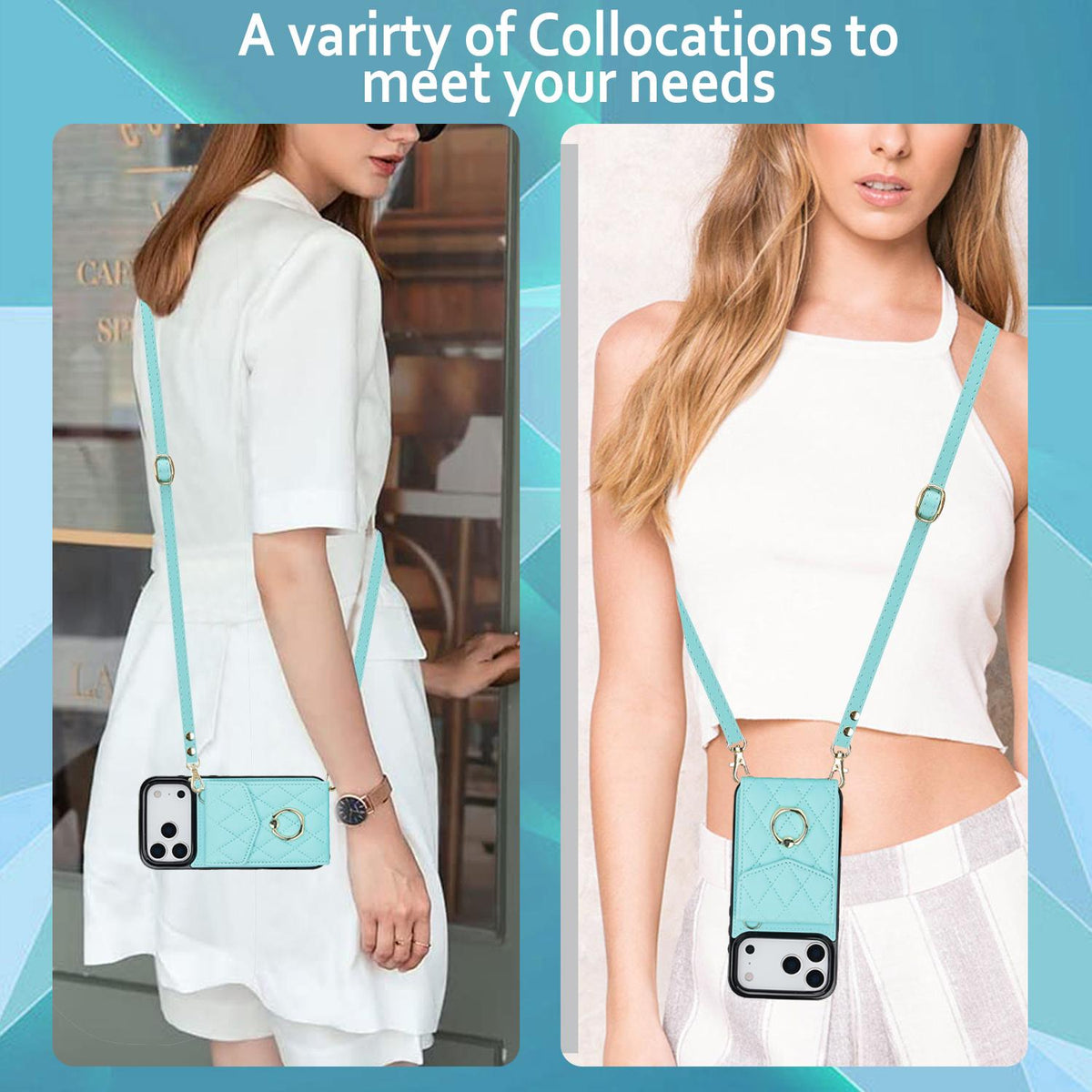 Compatible with iPhone 18 Pro Max & 17 Pro Max Rhombic Texture Card Bag Phone Case with Long Lanyard - Mint Green