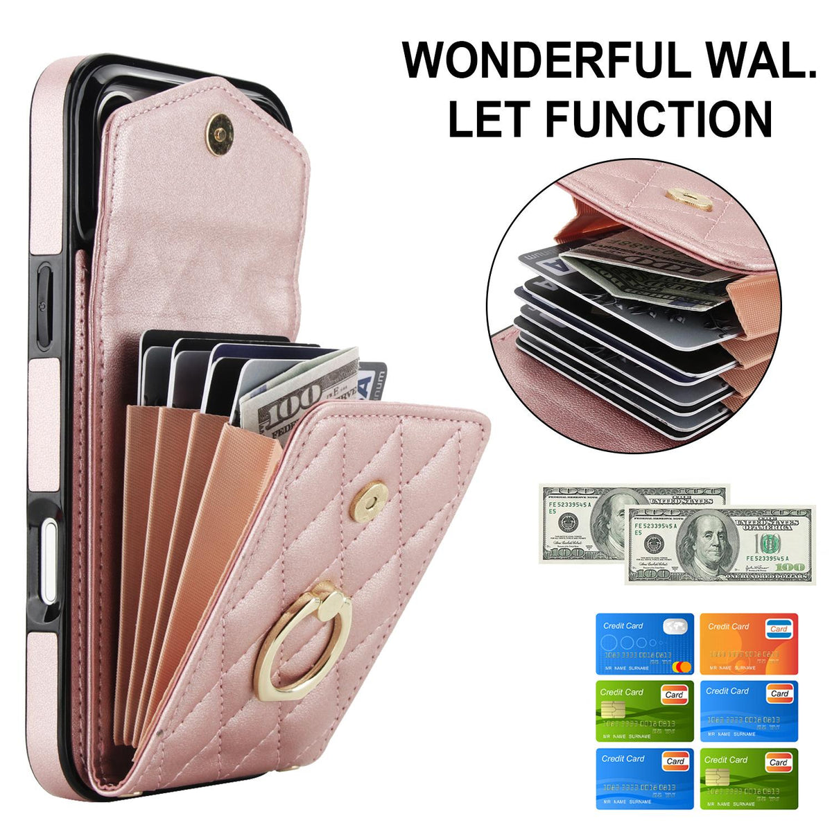 Compatible with iPhone 18 Pro Max & 17 Pro Max Rhombic Texture Card Bag Phone Case with Long Lanyard - Rose Gold