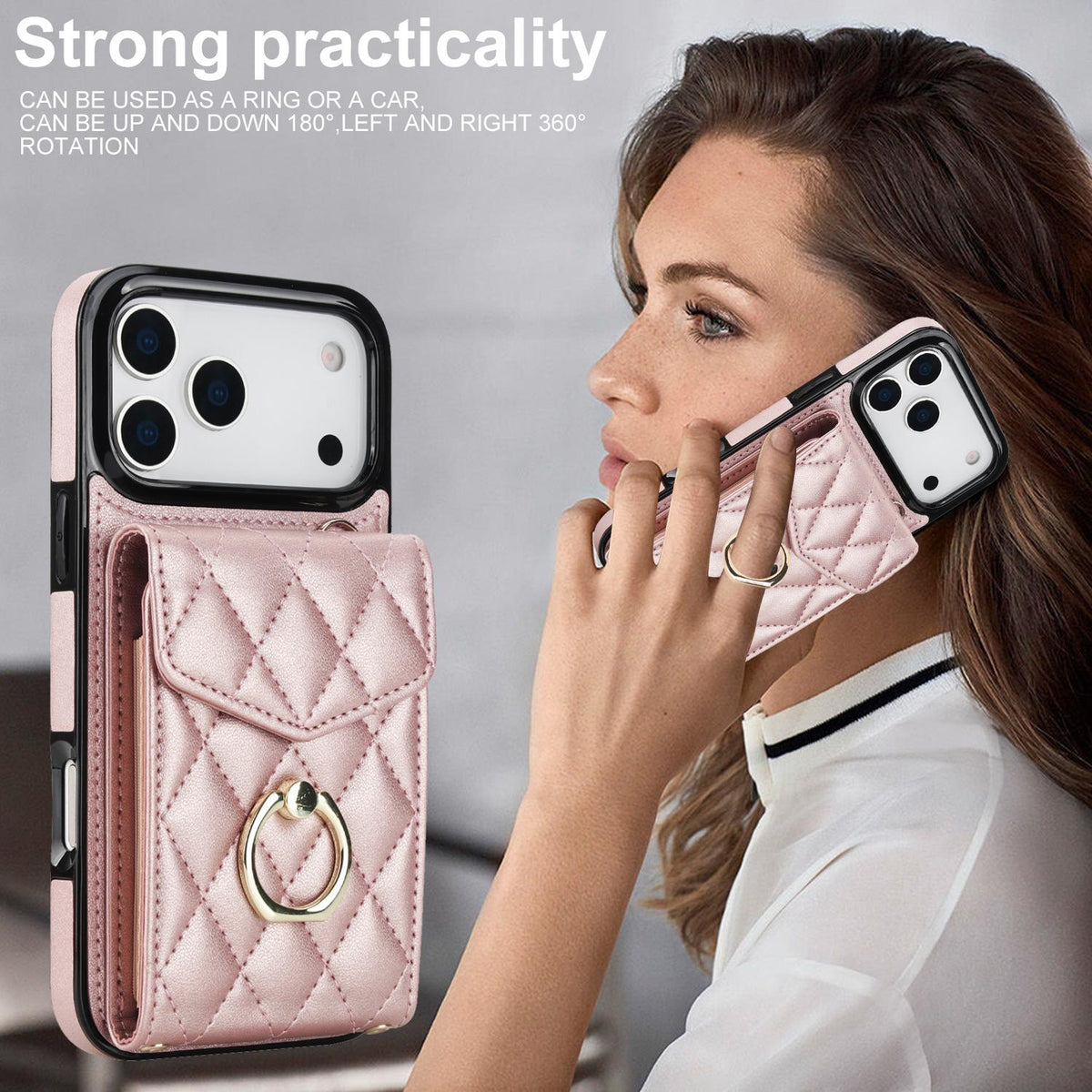 Compatible with iPhone 18 Pro Max & 17 Pro Max Rhombic Texture Card Bag Phone Case with Long Lanyard - Rose Gold