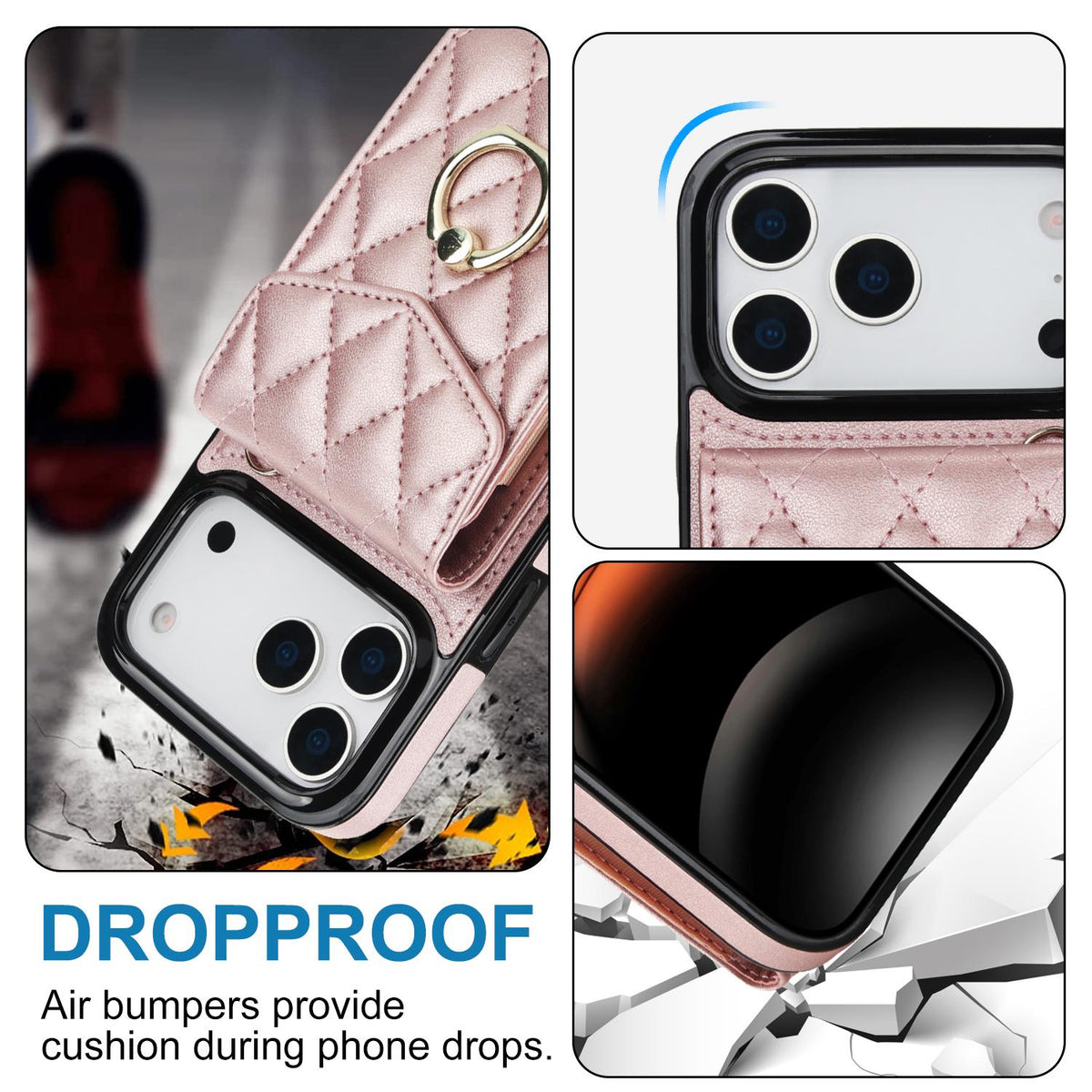 Compatible with iPhone 18 Pro Max & 17 Pro Max Rhombic Texture Card Bag Phone Case with Long Lanyard - Rose Gold