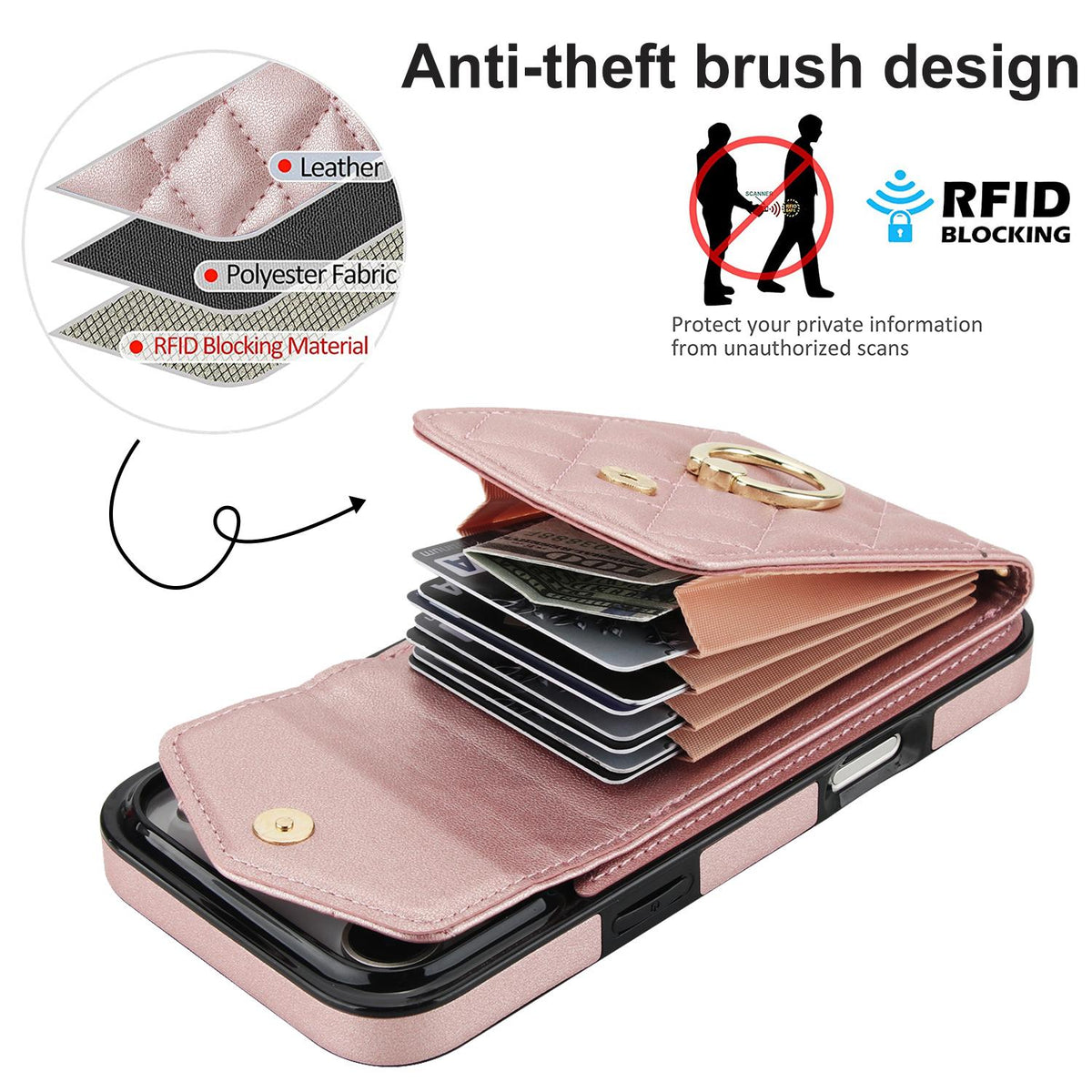 Compatible with iPhone 18 Pro Max & 17 Pro Max Rhombic Texture Card Bag Phone Case with Long Lanyard - Rose Gold