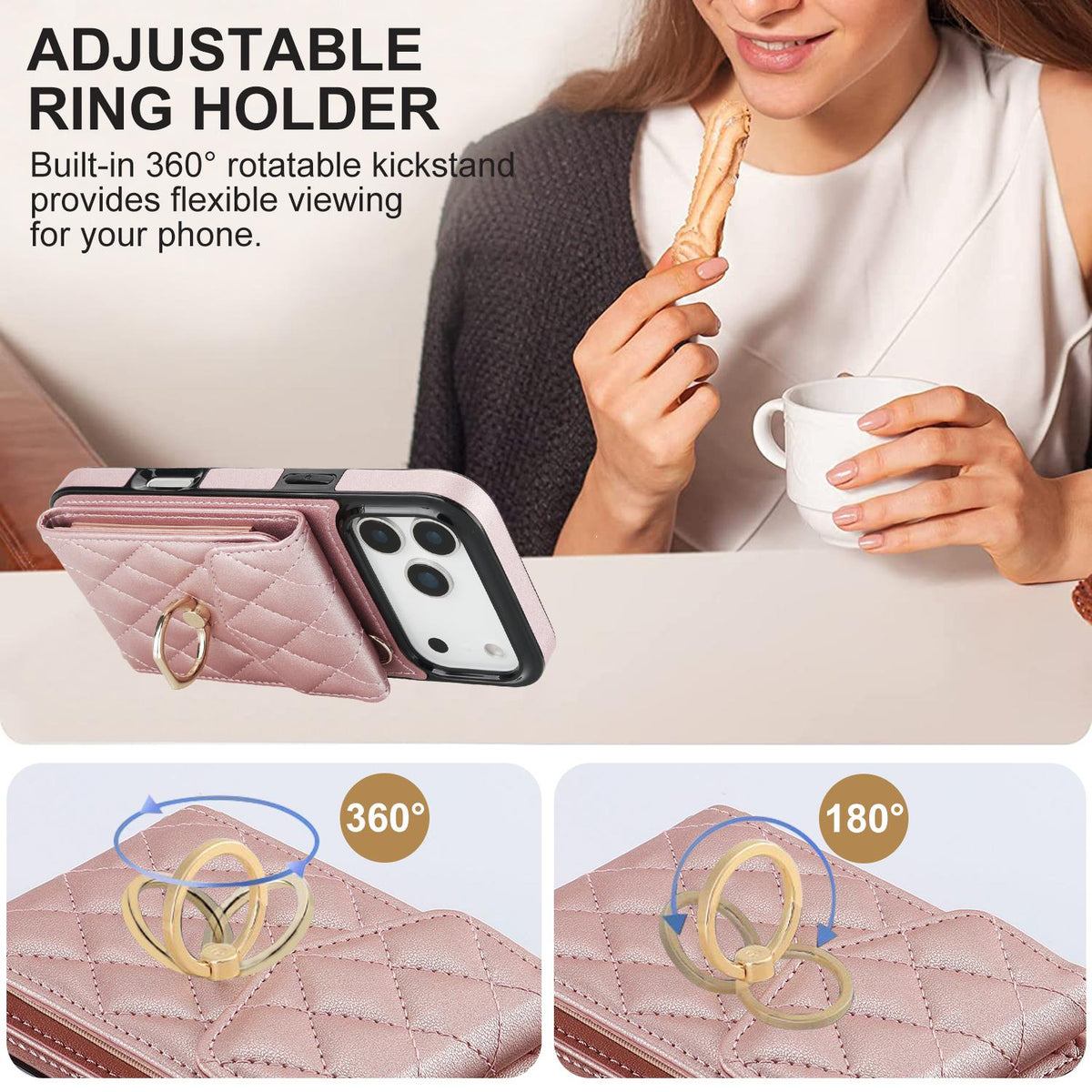 Compatible with iPhone 18 Pro Max & 17 Pro Max Rhombic Texture Card Bag Phone Case with Long Lanyard - Rose Gold