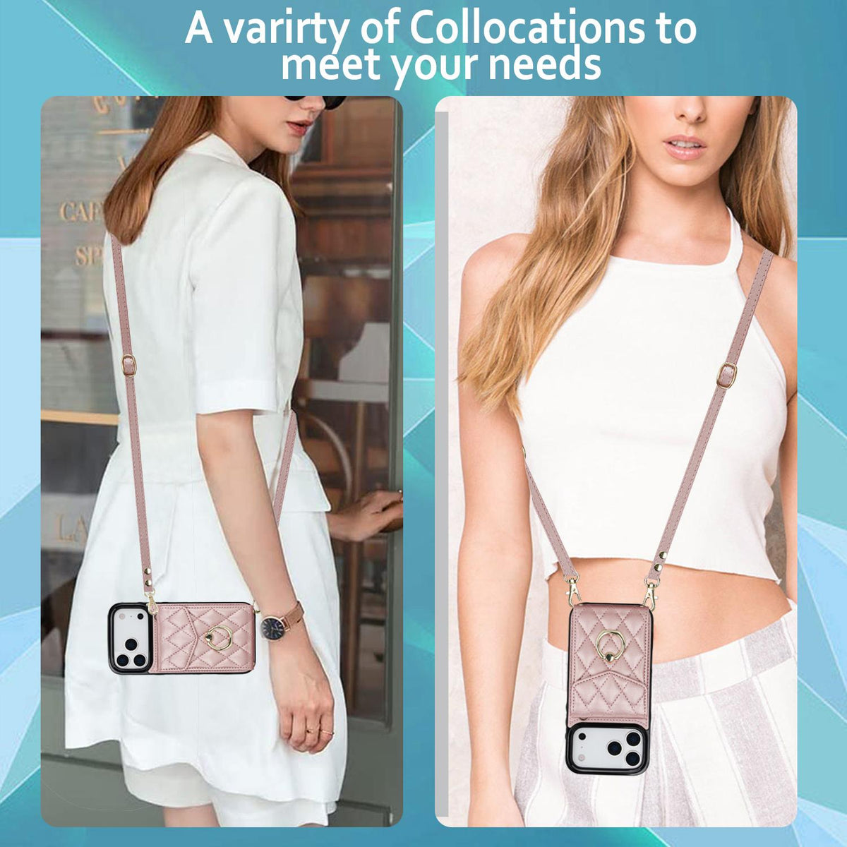 Compatible with iPhone 18 Pro Max & 17 Pro Max Rhombic Texture Card Bag Phone Case with Long Lanyard - Rose Gold