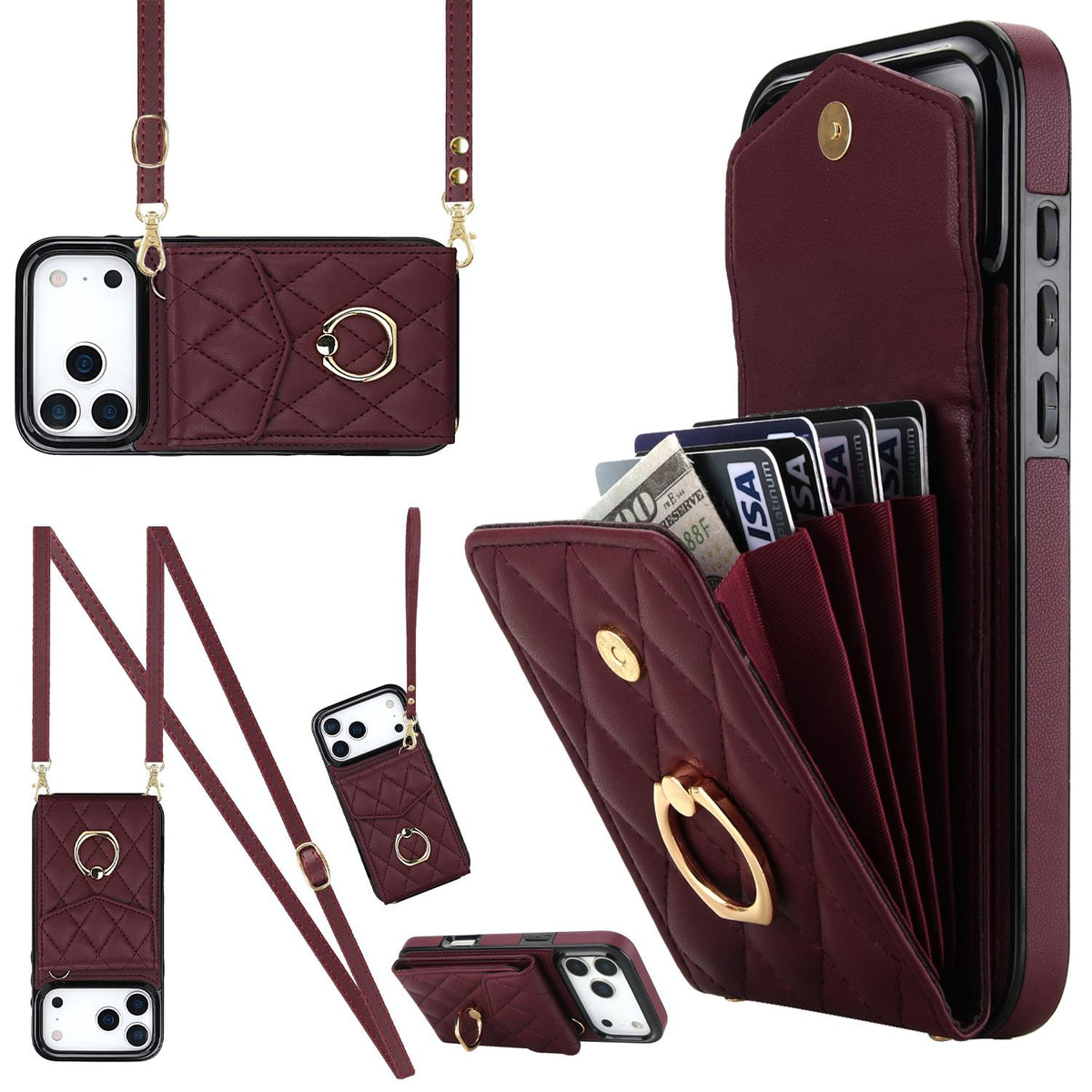 Compatible with iPhone 18 Pro Max & 17 Pro Max Rhombic Texture Card Bag Phone Case with Long Lanyard - Wine Red