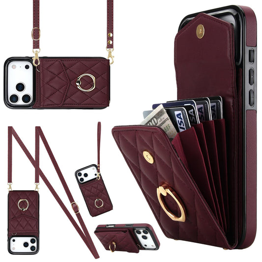 Compatible with iPhone 18 Pro Max & 17 Pro Max Rhombic Texture Card Bag Phone Case with Long Lanyard - Wine Red