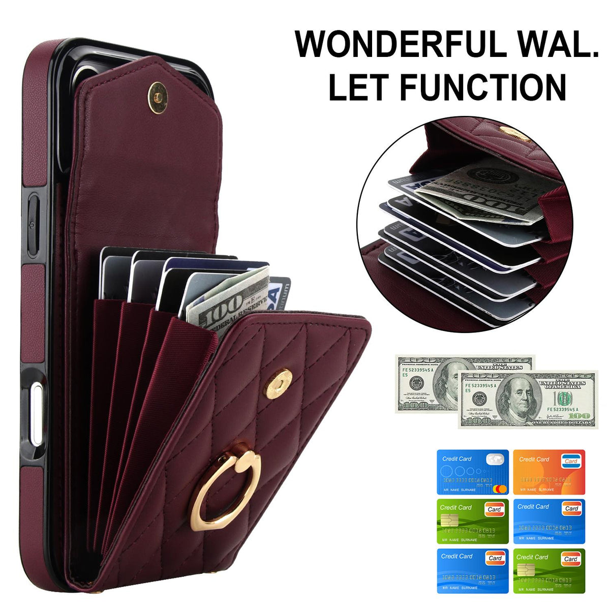 Compatible with iPhone 18 Pro Max & 17 Pro Max Rhombic Texture Card Bag Phone Case with Long Lanyard - Wine Red