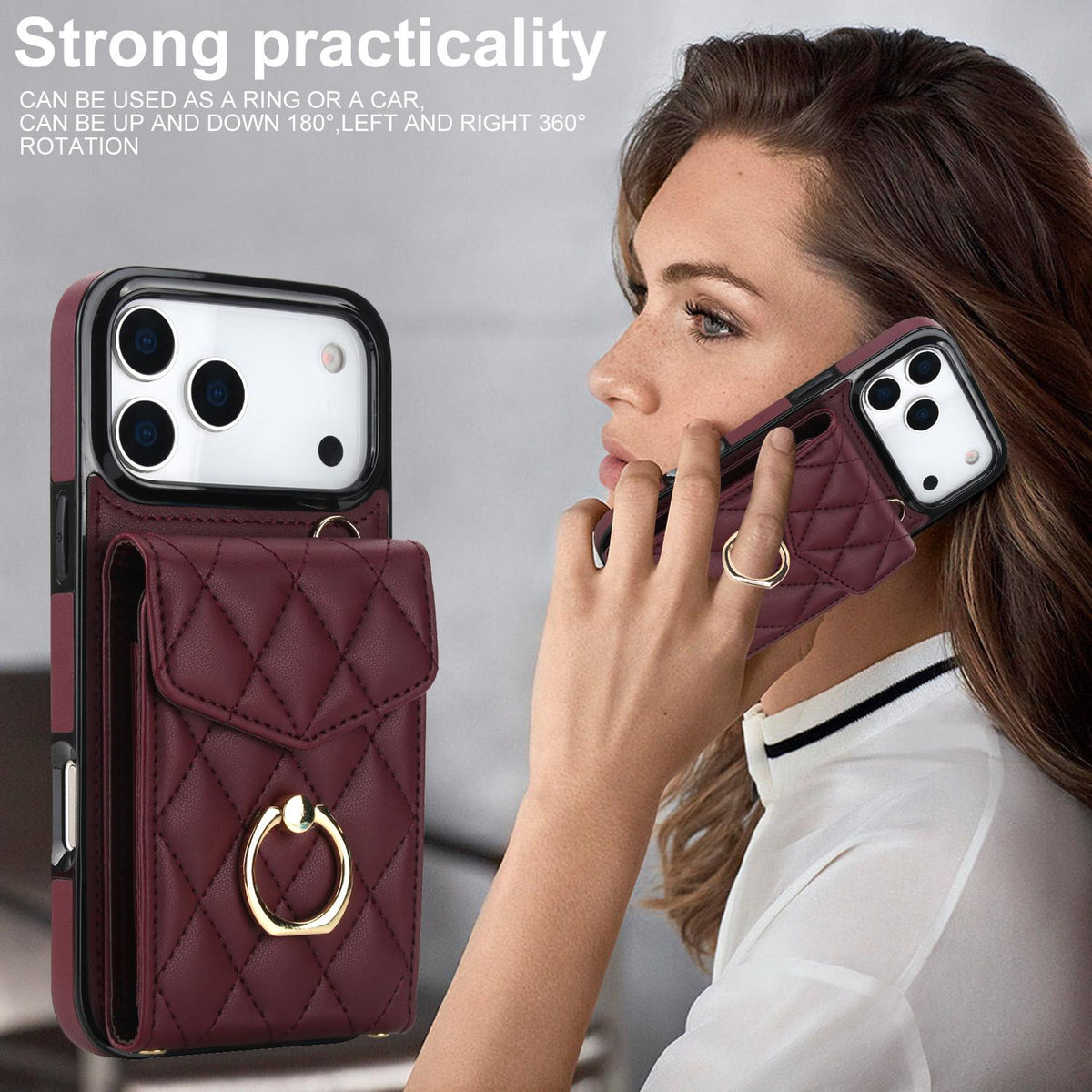 Compatible with iPhone 18 Pro Max & 17 Pro Max Rhombic Texture Card Bag Phone Case with Long Lanyard - Wine Red