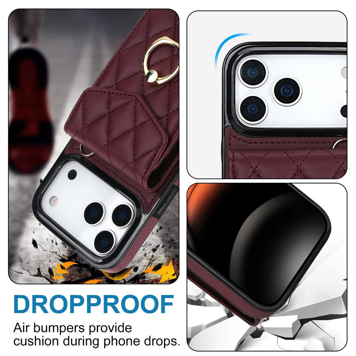 Compatible with iPhone 18 Pro Max & 17 Pro Max Rhombic Texture Card Bag Phone Case with Long Lanyard - Wine Red