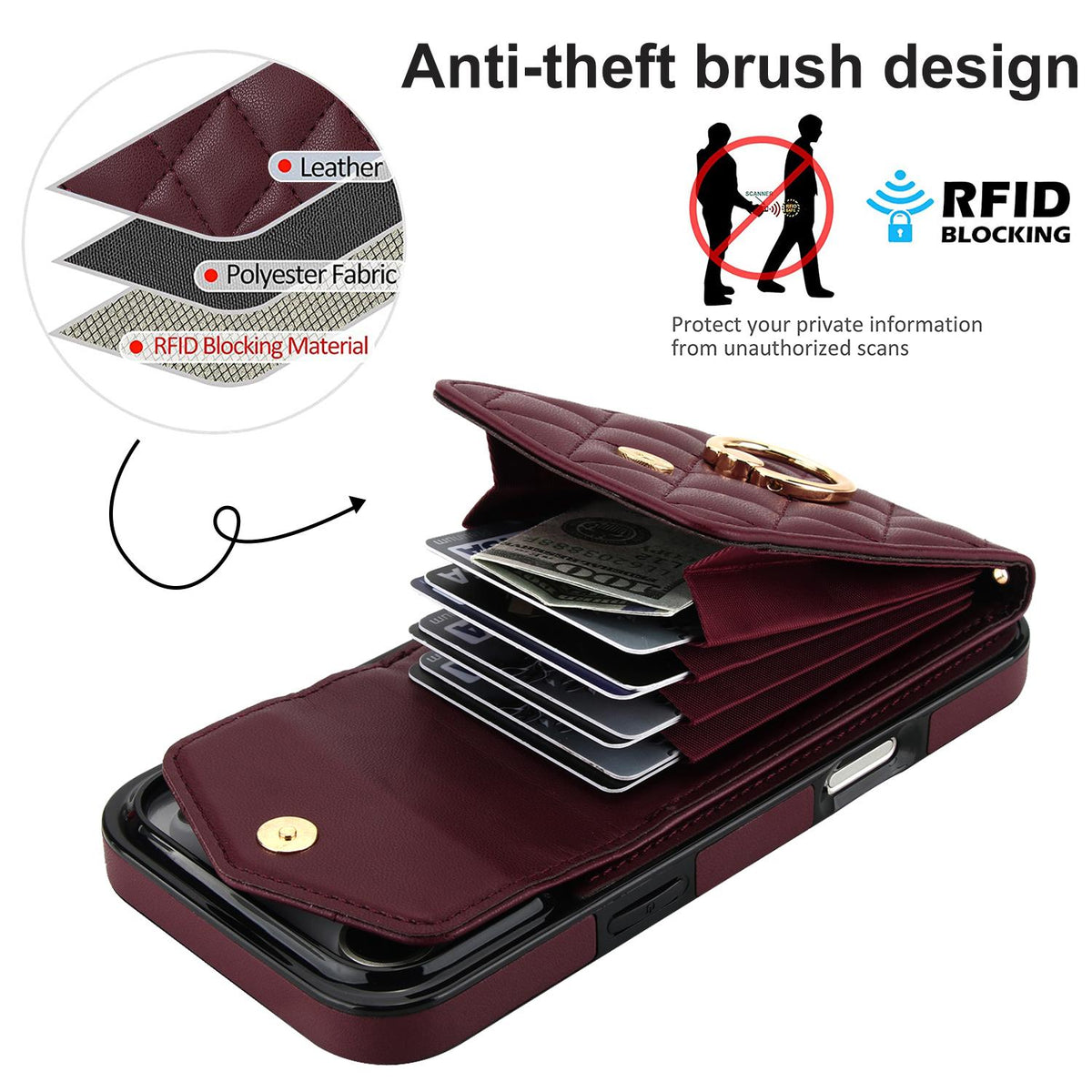 Compatible with iPhone 18 Pro Max & 17 Pro Max Rhombic Texture Card Bag Phone Case with Long Lanyard - Wine Red