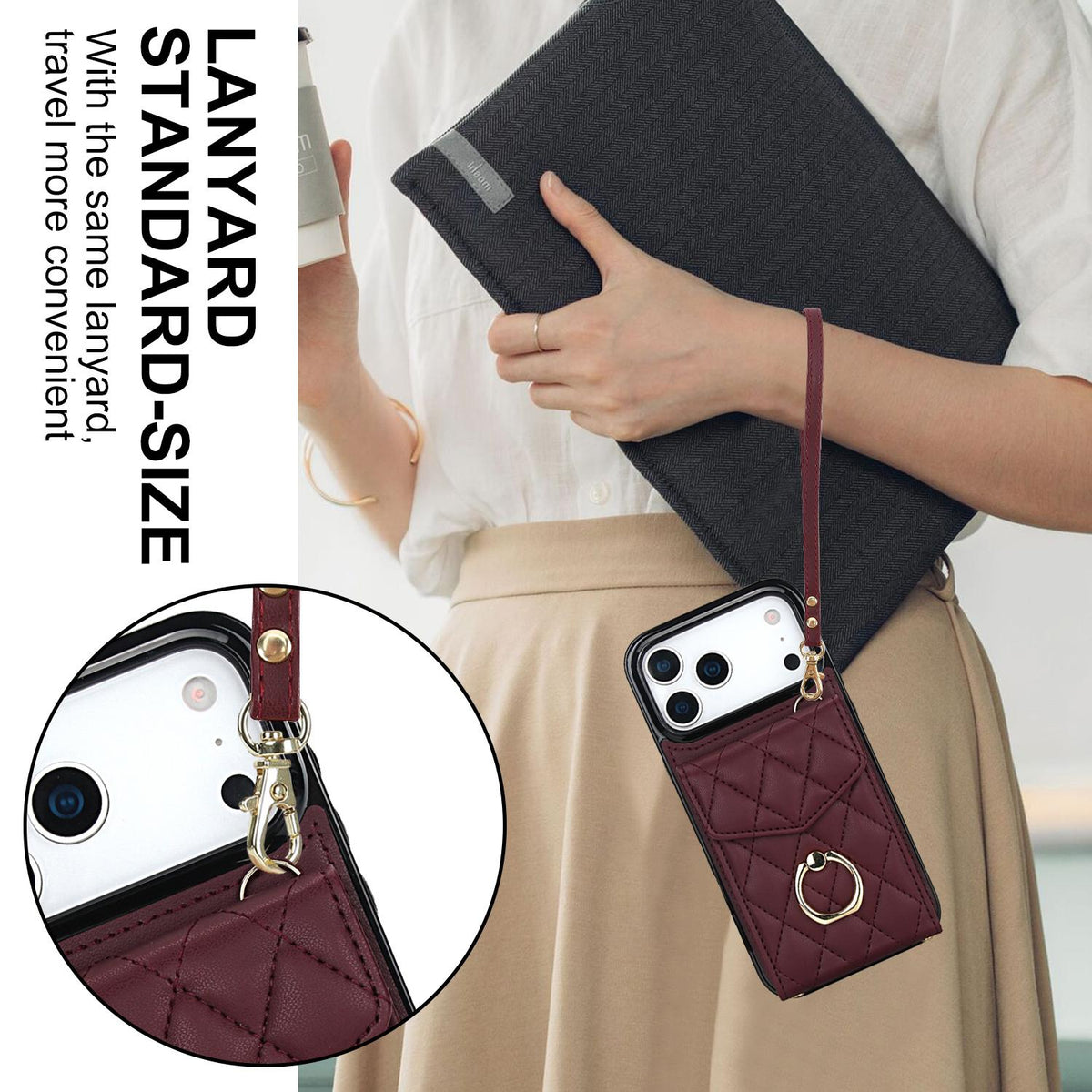 Compatible with iPhone 18 Pro Max & 17 Pro Max Rhombic Texture Card Bag Phone Case with Long Lanyard - Wine Red