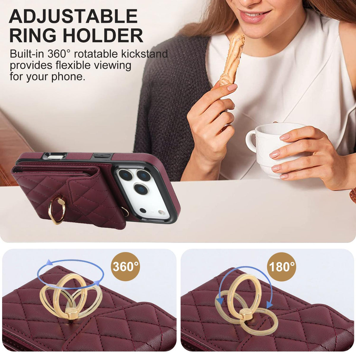 Compatible with iPhone 18 Pro Max & 17 Pro Max Rhombic Texture Card Bag Phone Case with Long Lanyard - Wine Red