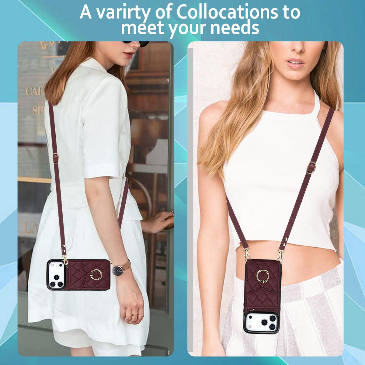 Compatible with iPhone 18 Pro Max & 17 Pro Max Rhombic Texture Card Bag Phone Case with Long Lanyard - Wine Red