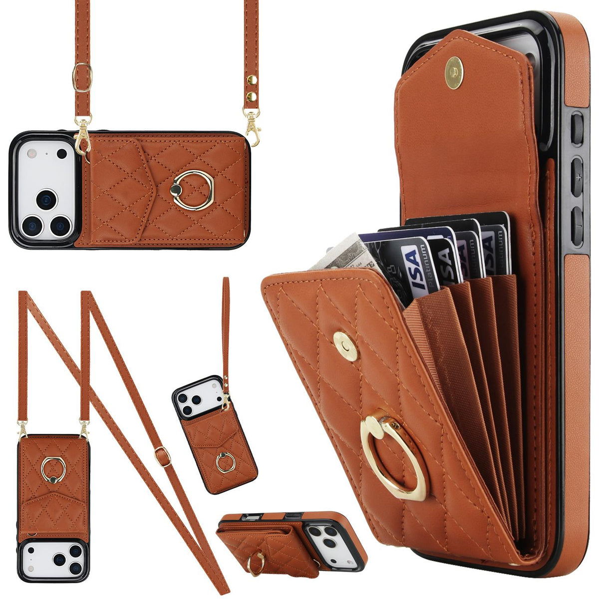 Compatible with iPhone 18 Pro Max & 17 Pro Max Rhombic Texture Card Bag Phone Case with Long Lanyard - Brown