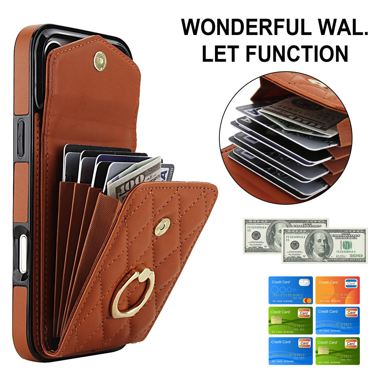 Compatible with iPhone 18 Pro Max & 17 Pro Max Rhombic Texture Card Bag Phone Case with Long Lanyard - Brown