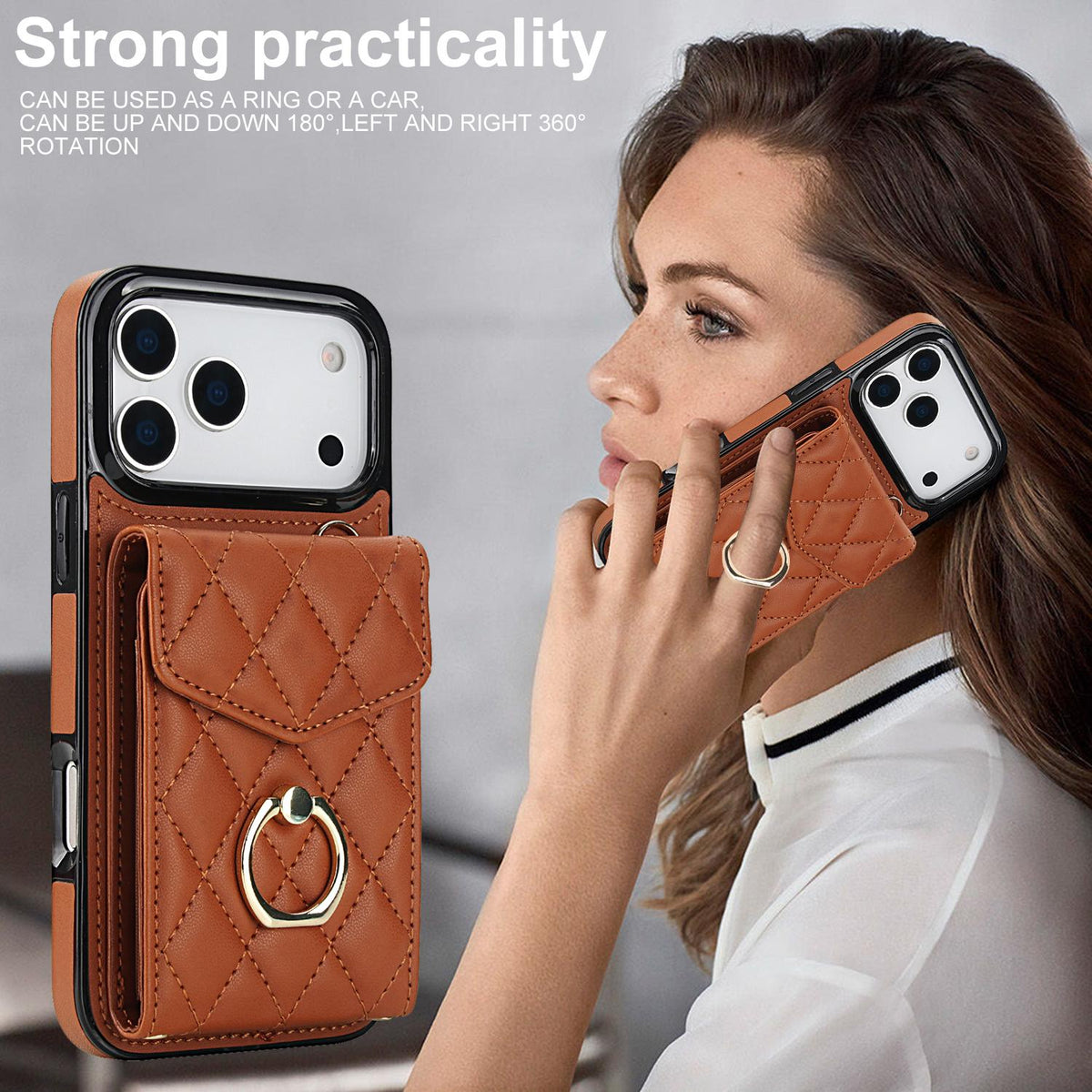 Compatible with iPhone 18 Pro Max & 17 Pro Max Rhombic Texture Card Bag Phone Case with Long Lanyard - Brown