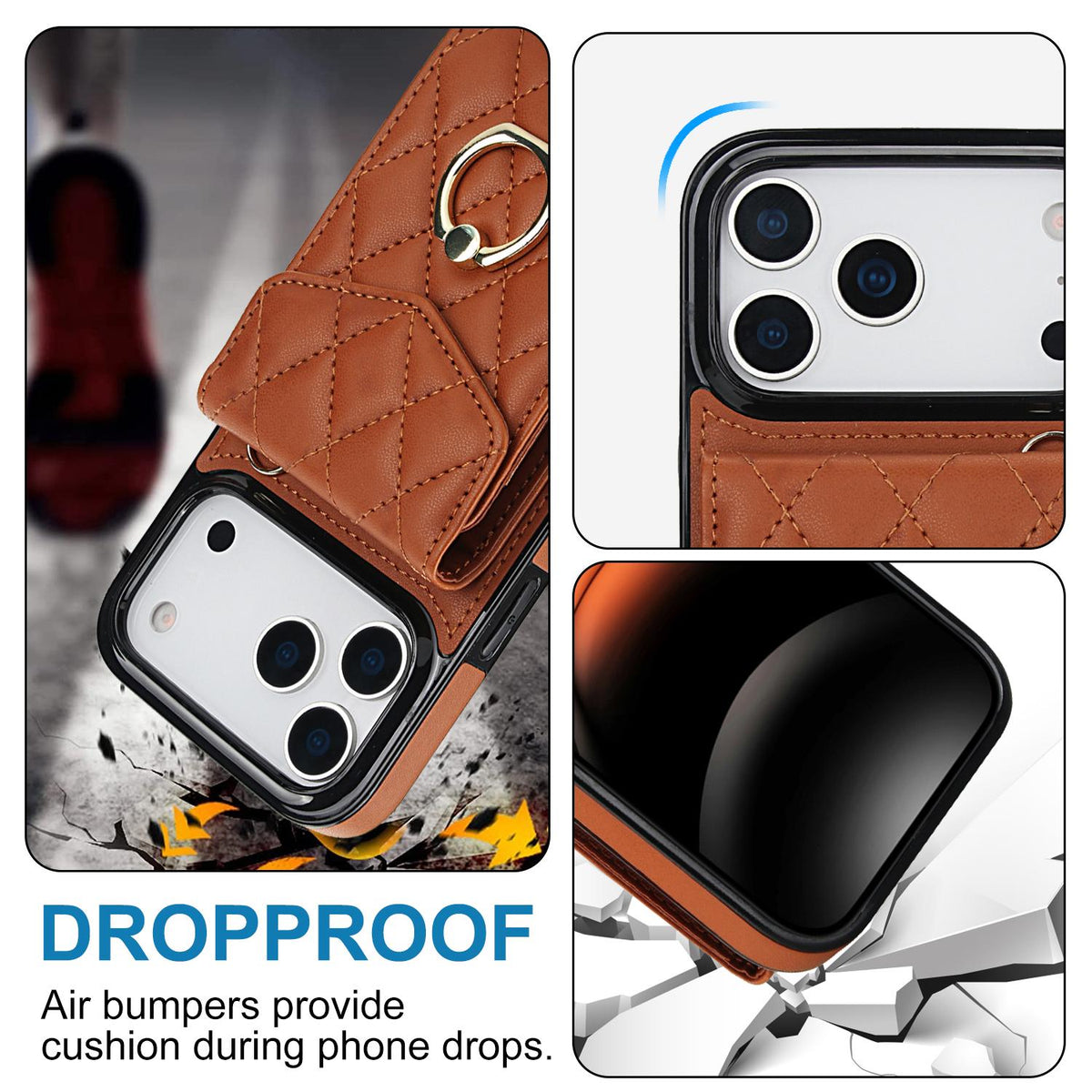Compatible with iPhone 18 Pro Max & 17 Pro Max Rhombic Texture Card Bag Phone Case with Long Lanyard - Brown