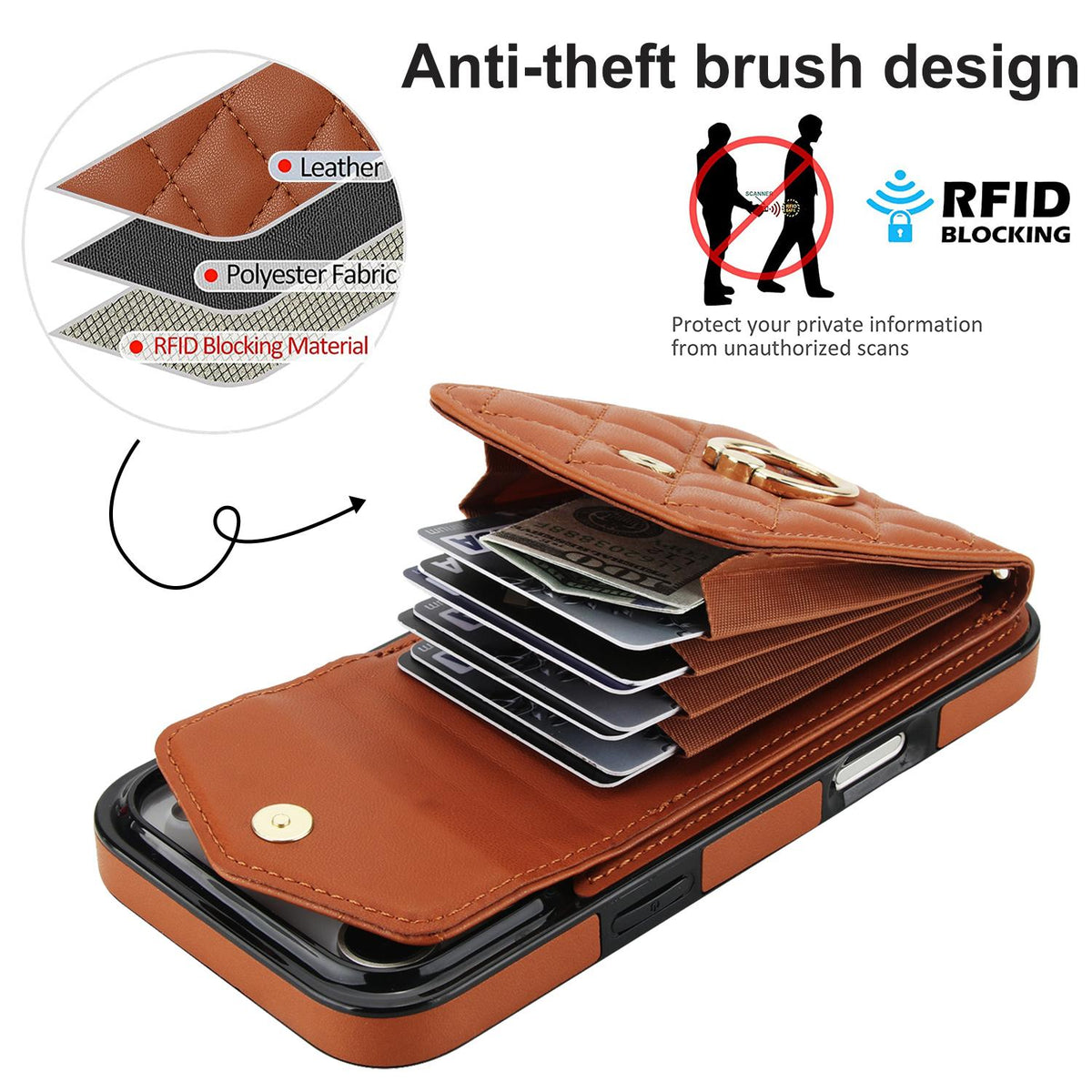 Compatible with iPhone 18 Pro Max & 17 Pro Max Rhombic Texture Card Bag Phone Case with Long Lanyard - Brown