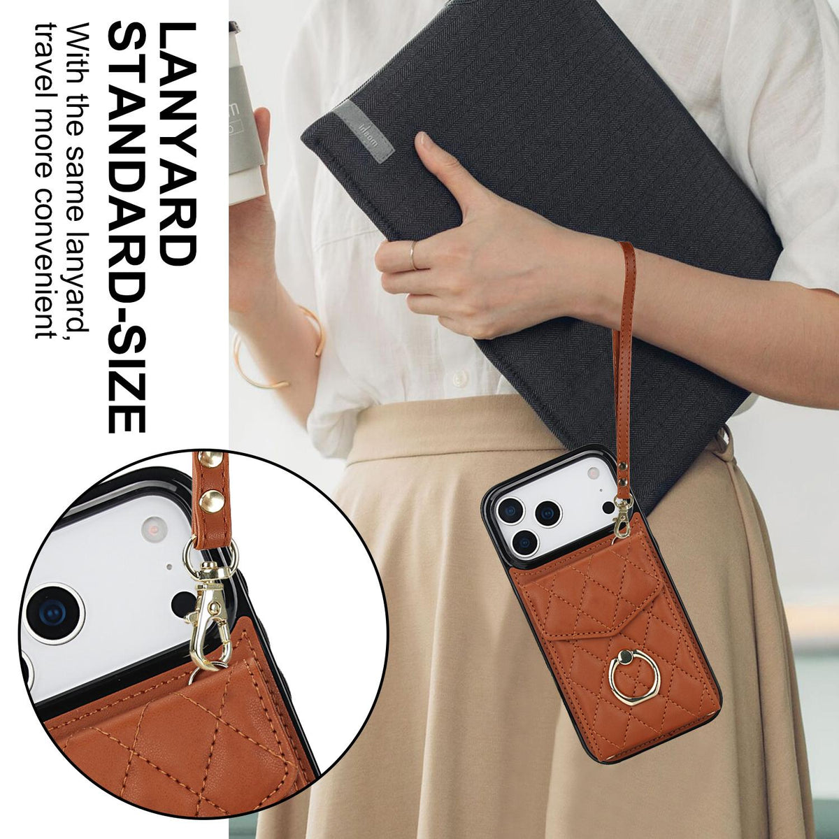 Compatible with iPhone 18 Pro Max & 17 Pro Max Rhombic Texture Card Bag Phone Case with Long Lanyard - Brown