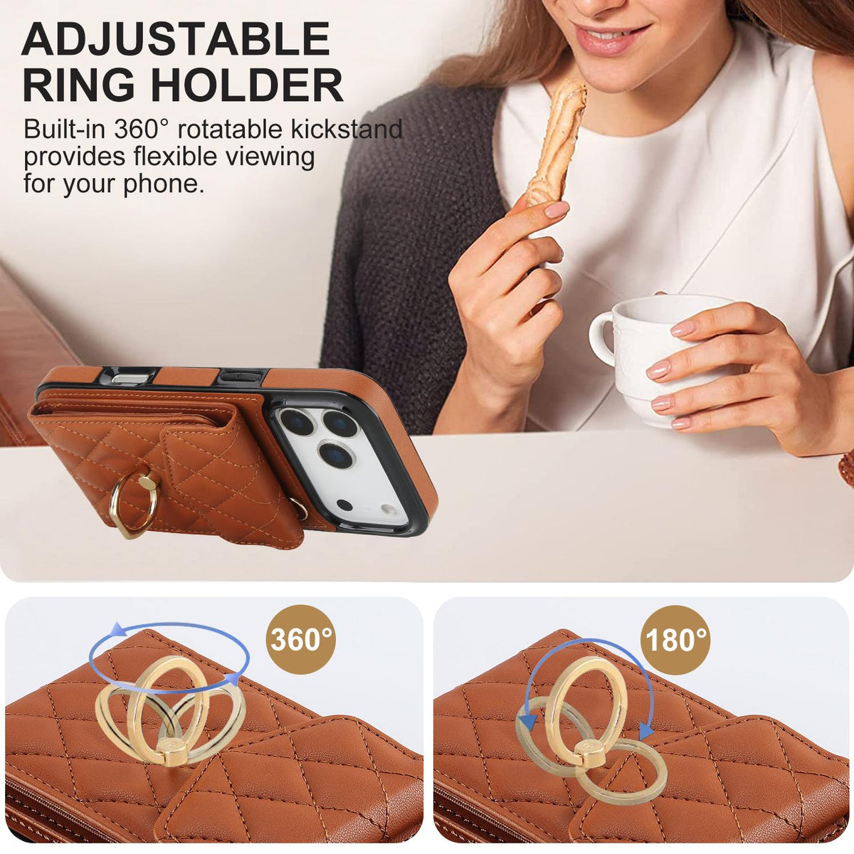 Compatible with iPhone 18 Pro Max & 17 Pro Max Rhombic Texture Card Bag Phone Case with Long Lanyard - Brown