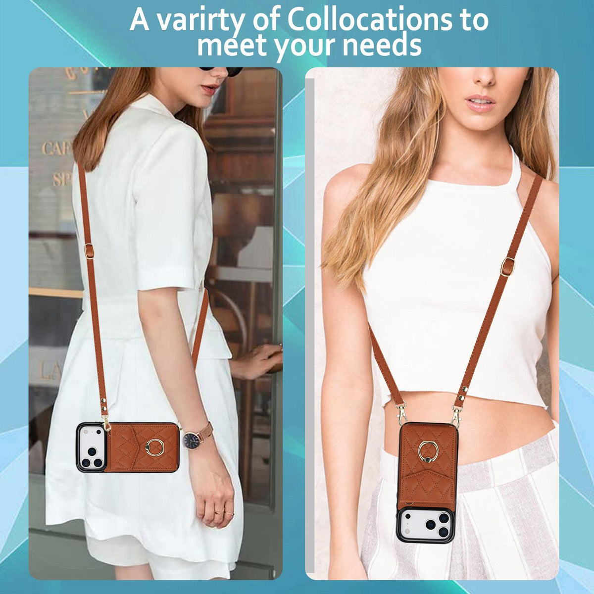 Compatible with iPhone 18 Pro Max & 17 Pro Max Rhombic Texture Card Bag Phone Case with Long Lanyard - Brown