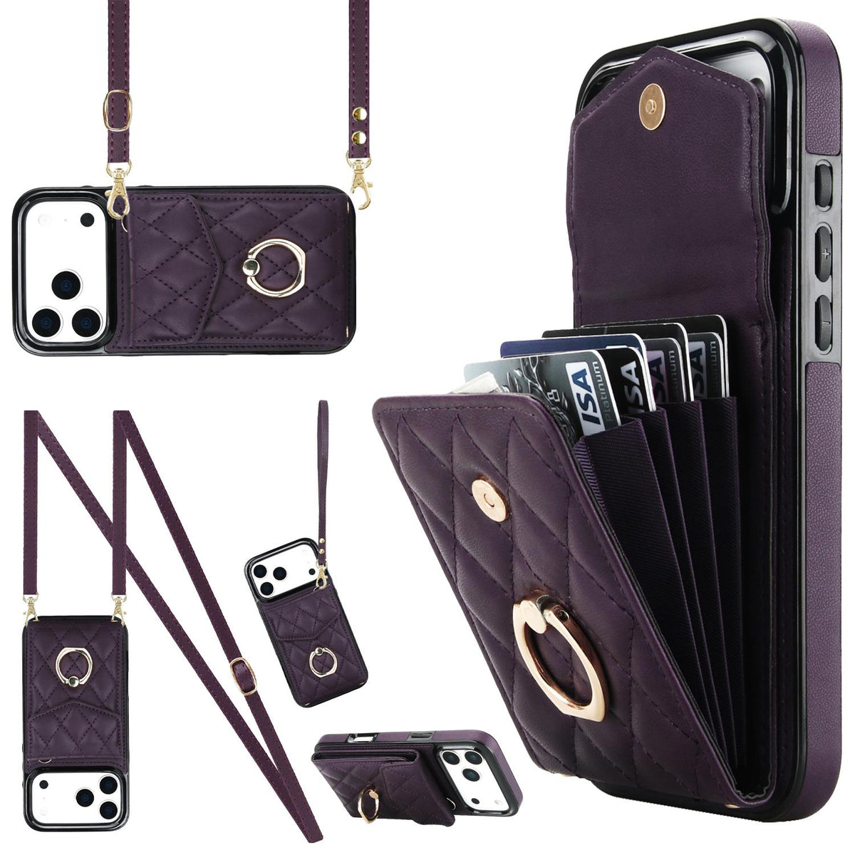 Compatible with iPhone 18 Pro Max & 17 Pro Max Rhombic Texture Card Bag Phone Case with Long Lanyard - Dark Purple