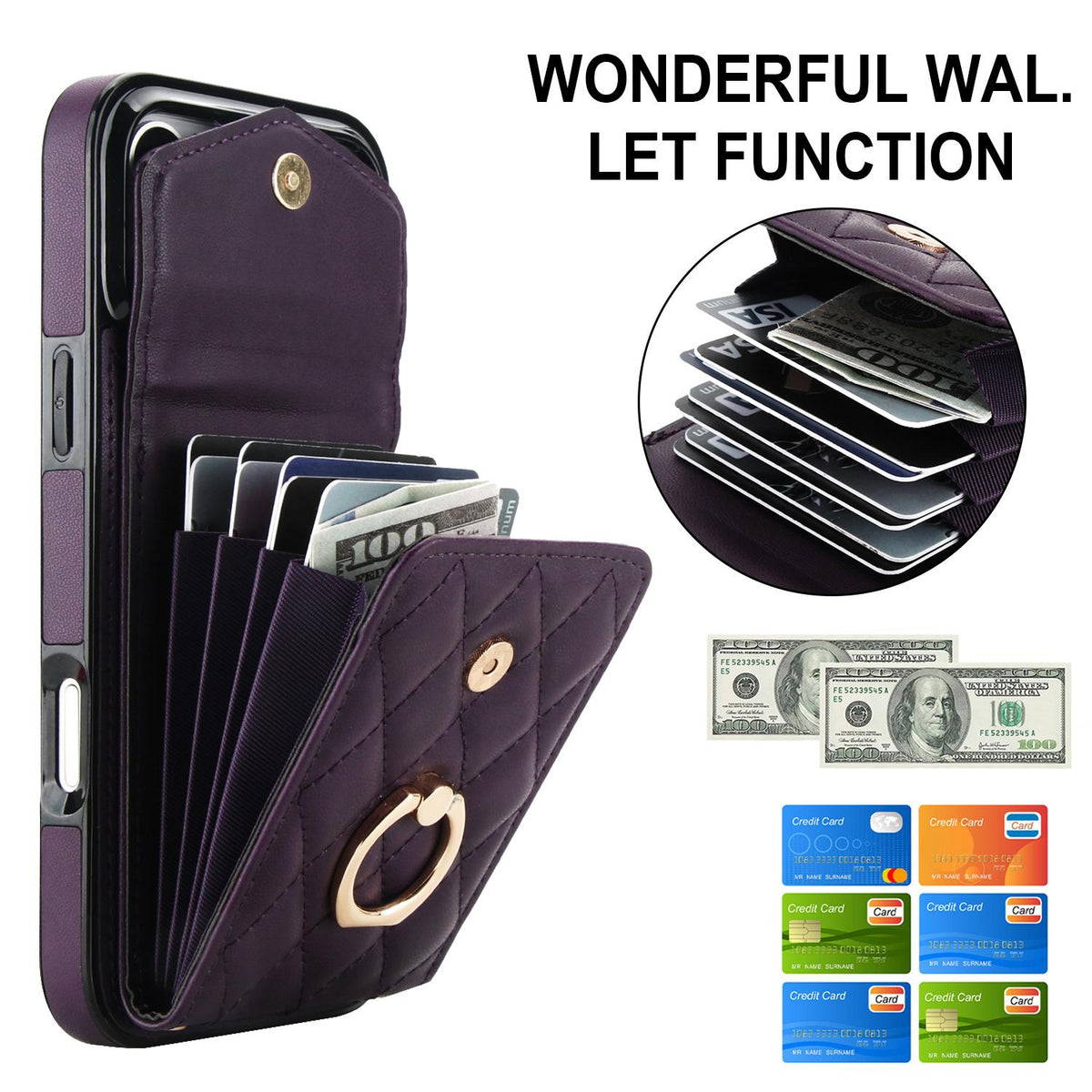 Compatible with iPhone 18 Pro Max & 17 Pro Max Rhombic Texture Card Bag Phone Case with Long Lanyard - Dark Purple
