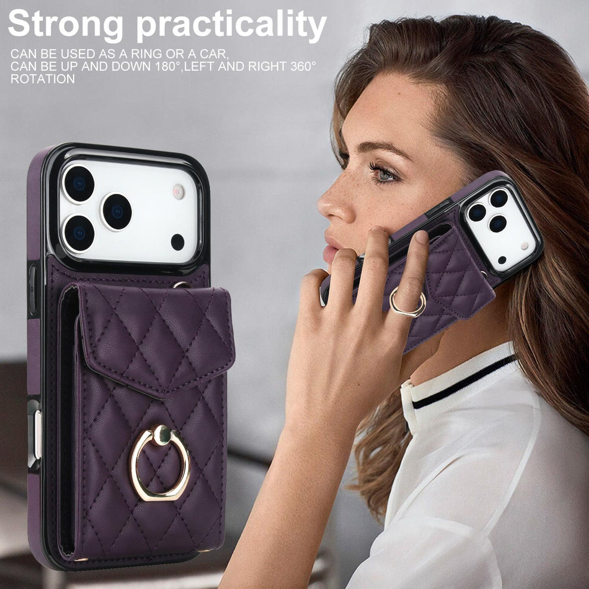 Compatible with iPhone 18 Pro Max & 17 Pro Max Rhombic Texture Card Bag Phone Case with Long Lanyard - Dark Purple