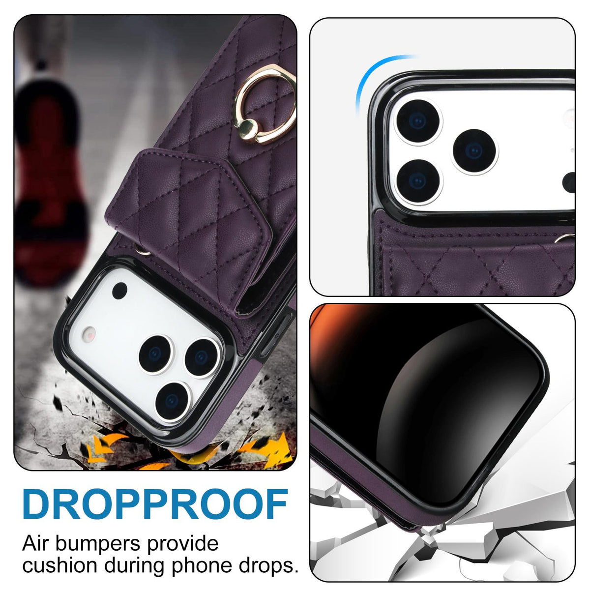 Compatible with iPhone 18 Pro Max & 17 Pro Max Rhombic Texture Card Bag Phone Case with Long Lanyard - Dark Purple
